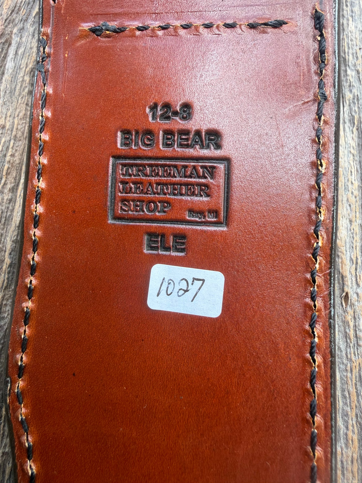 New Randall Model 12-8 Big Bear Sheath in Exotic thick and textured Rust colored Elephant hide on brown leather from Treeman with a black Canteen snap. Hand tooled belt loop. Killer sheath.