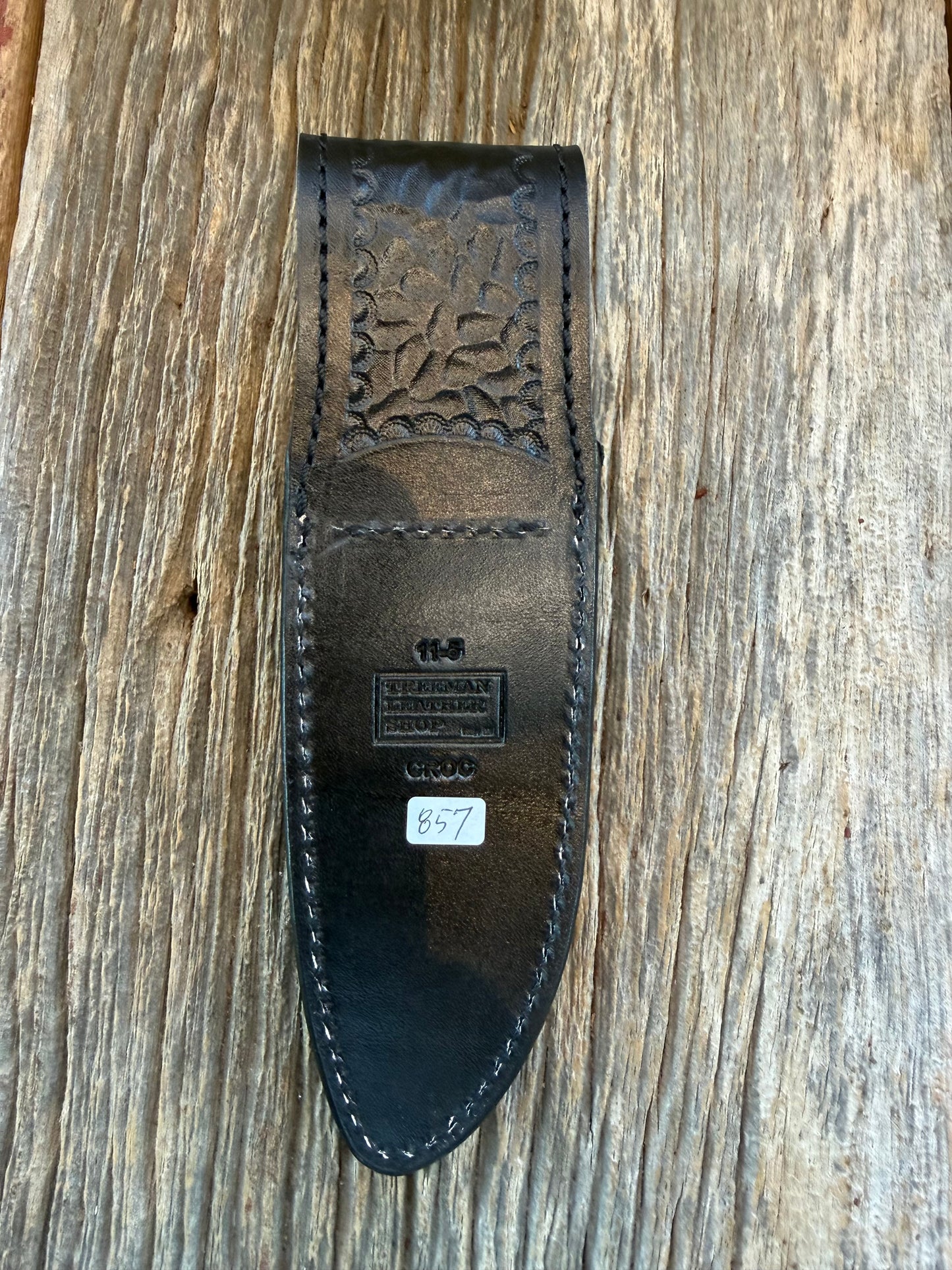 New Randall Model 11-5 Sheath in Exotic Black Crocodile from Treeman. Black canteen Snap .. Johnny Cash Style … All Black.
