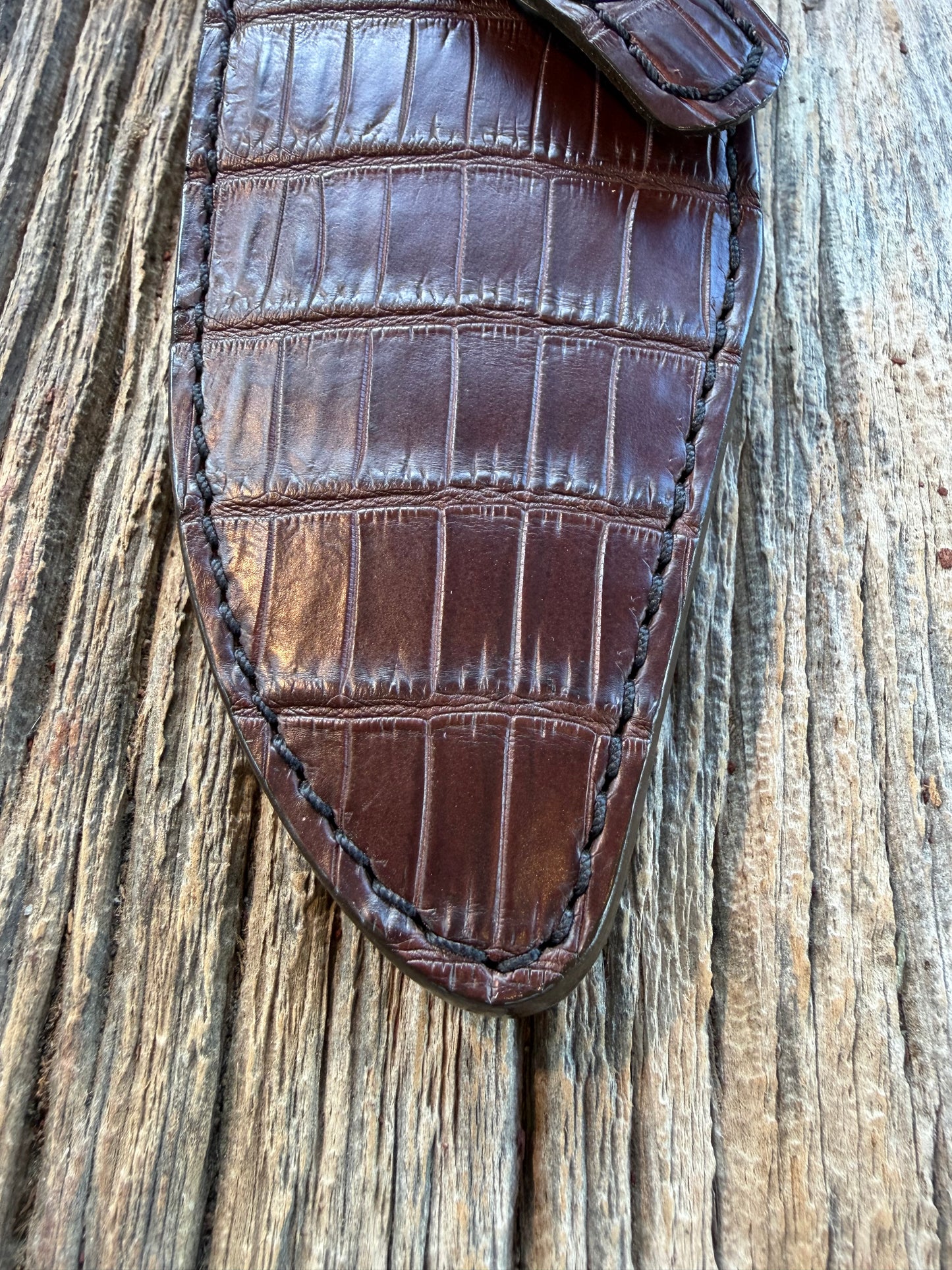 New Randall Model 19-5 Sheath in Exotic Dark Brown Crocodile from Treeman with the newest Black Canteen snap.