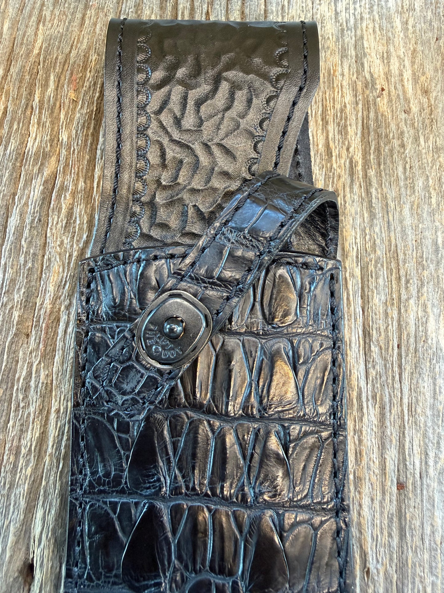 New Randall Model 12-11 Smitty Sheath in Exotic Black Crocodile tail from Treeman. Black canteen Snap .. Johnny Cash Style … All Black.