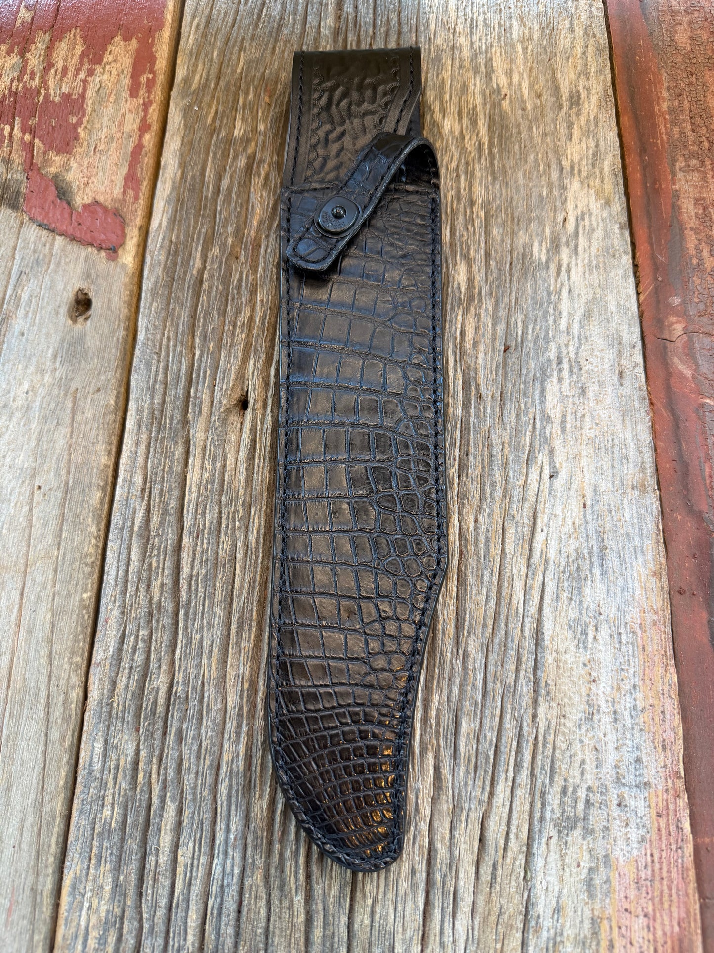 New Randall Model Confederate Sheath in Exotic Black Crocodile from Treeman. Black canteen Snap .. Johnny Cash Style … All Black.