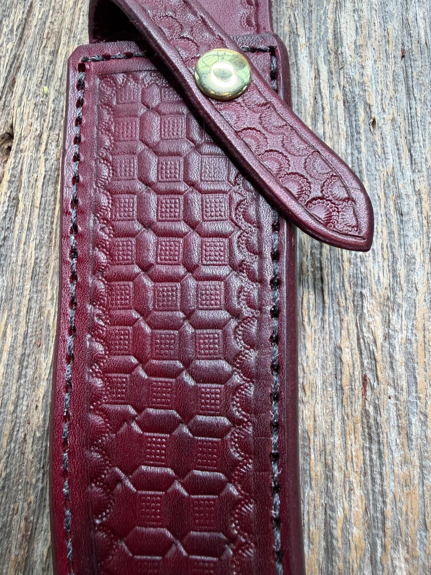 Randall Model 12-6 sheath in Ox Blood Red stamped leather from Sullivans by Gutcher. Parquet window pattern, mesmerizing !!