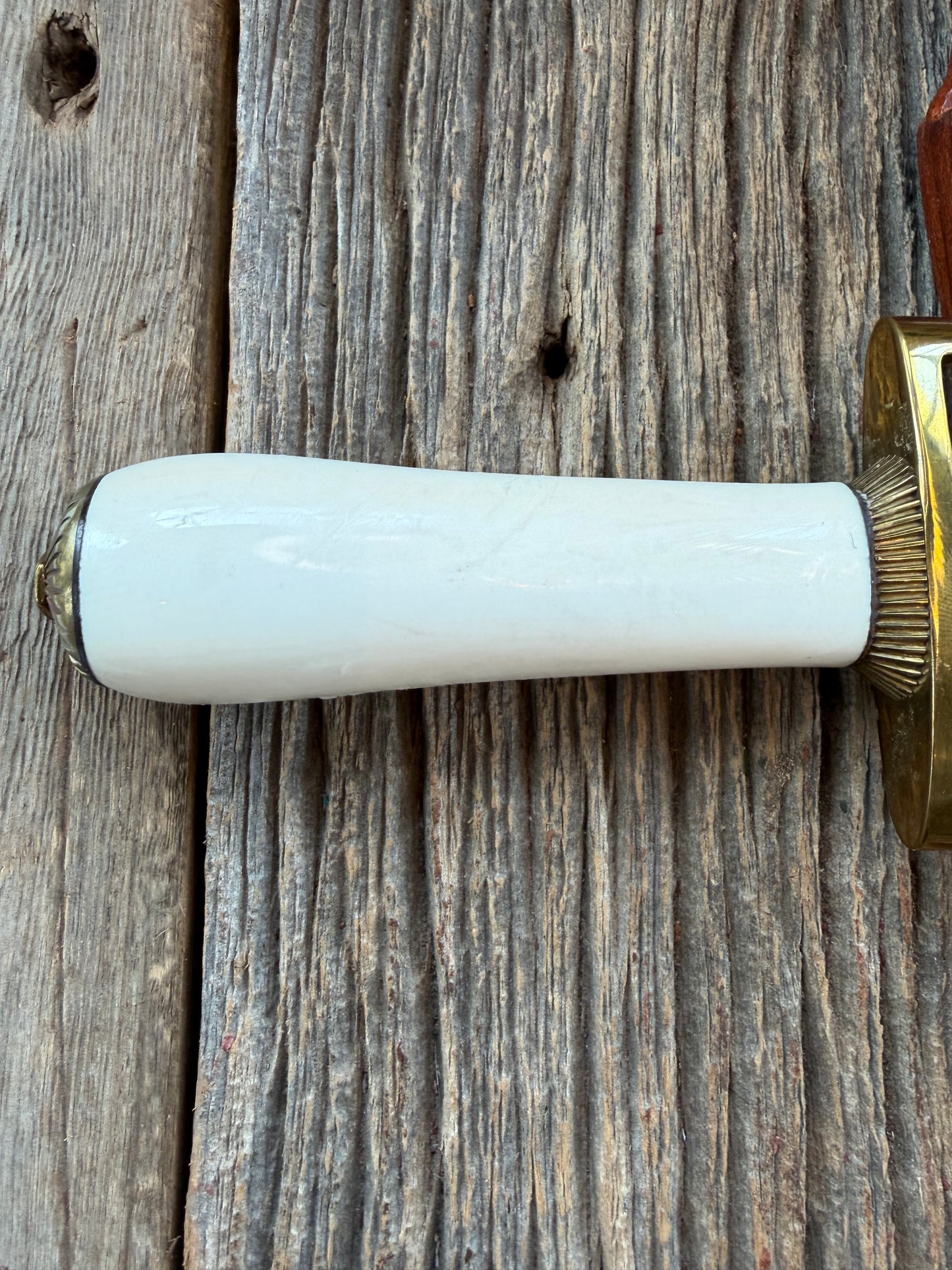 Randall Knife Model 13-6 Small Arkansas Toothpick in Elephant Ivory. Lugged Hilt, Scalloped brass collar and Coolie bottom,