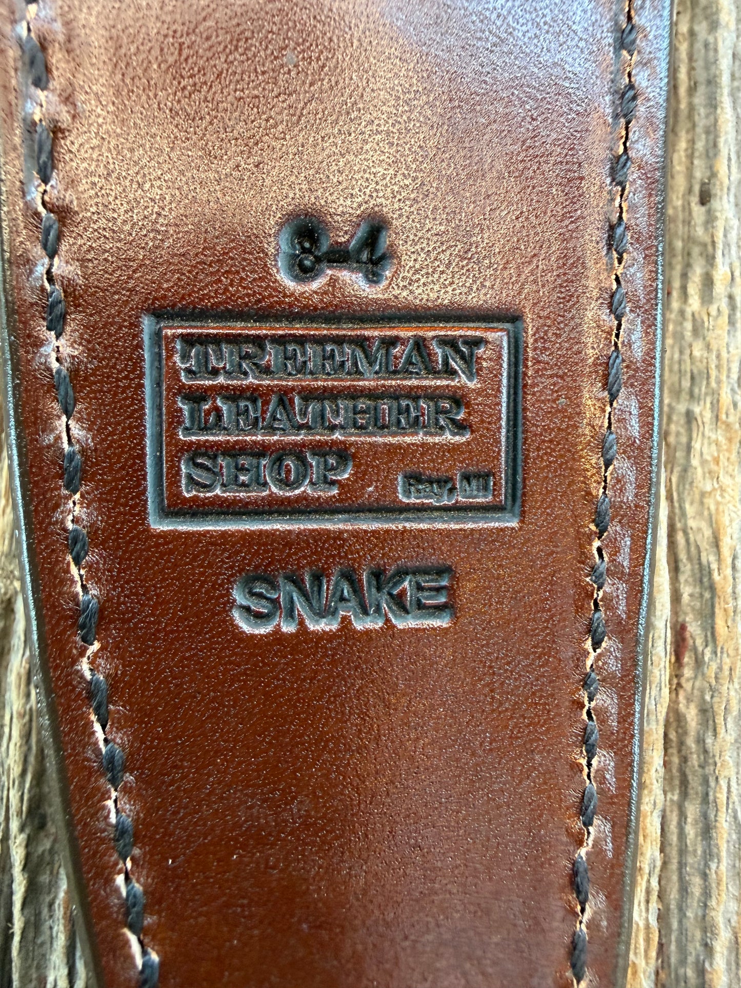 Randall Model 8-4 Sheath in Exotic Southern Copperhead from Treeman Sheaths. Black Canteen Snap. Stunning colors and pattern.