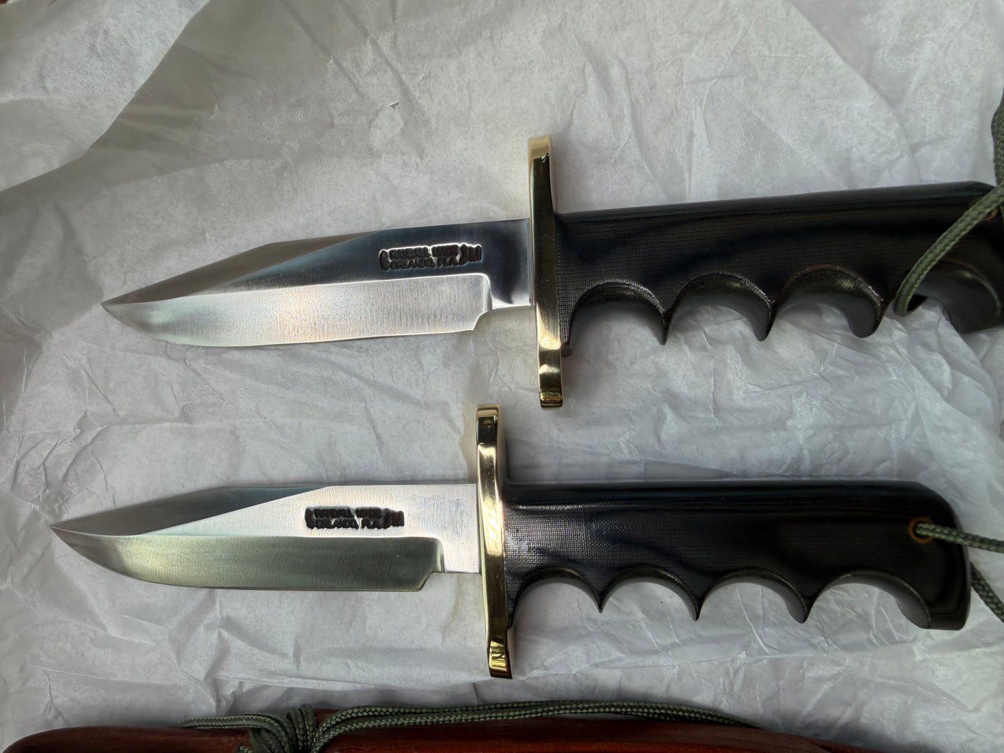 New in Paper a Pair of Sequentially numbered Randall Made Knife Mini Model 14’s Attack Knife Black Micarta SN # 1413 and # 1414
