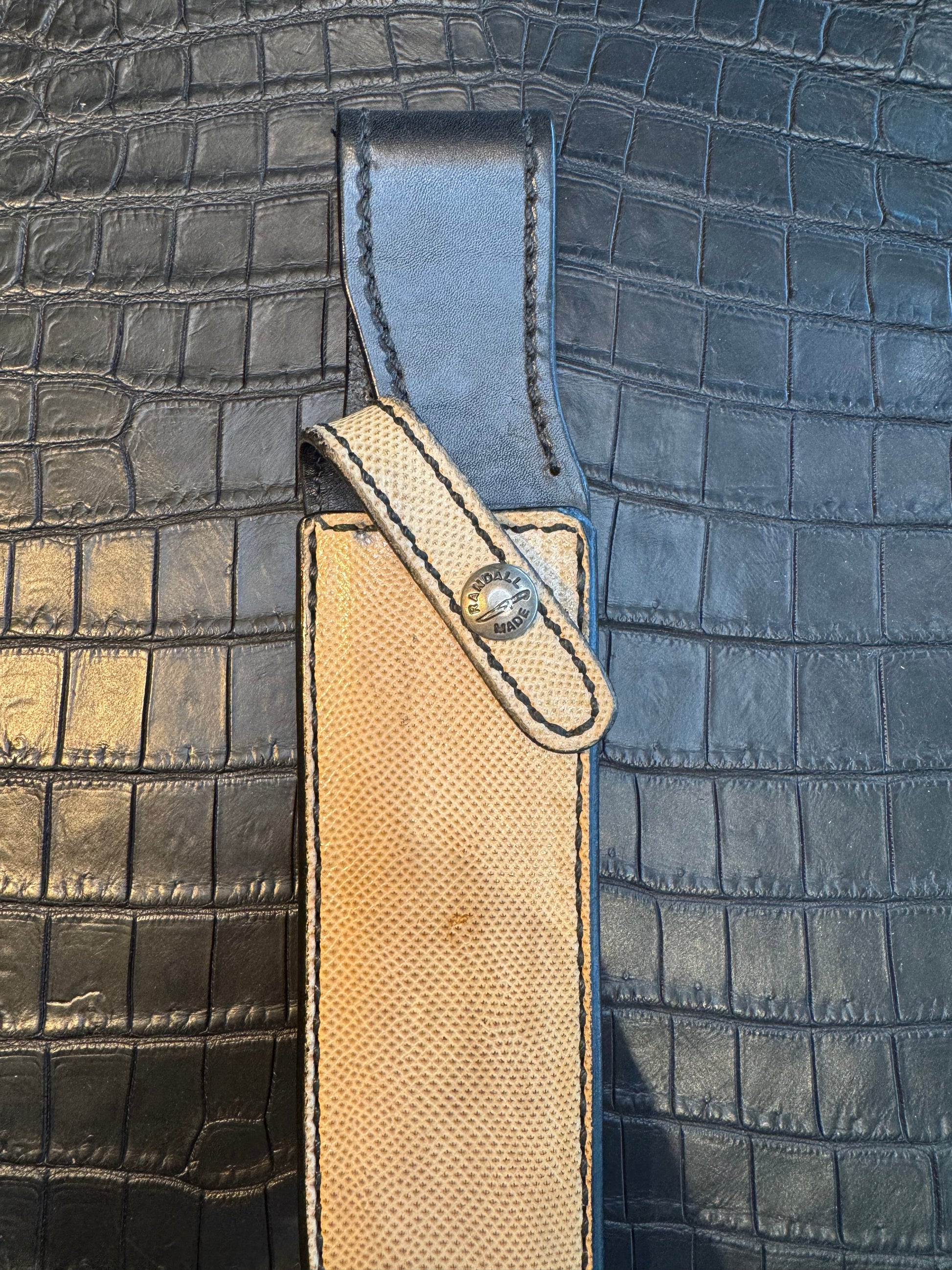 Randall Model 1-7 or 2-7 Sheath in Exotic Snake Skin Custom Made at Sullivan’s by Gutcher.