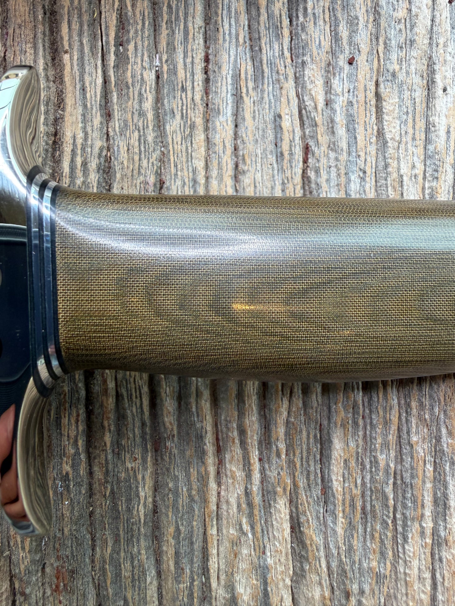 New in Paper Randall Model 19-5 Bushmaster with a Green Micarta handle. Stainless steel blade, Nickel silver hilt. Brown leather sheath. Crows Beak Aluminum handle.