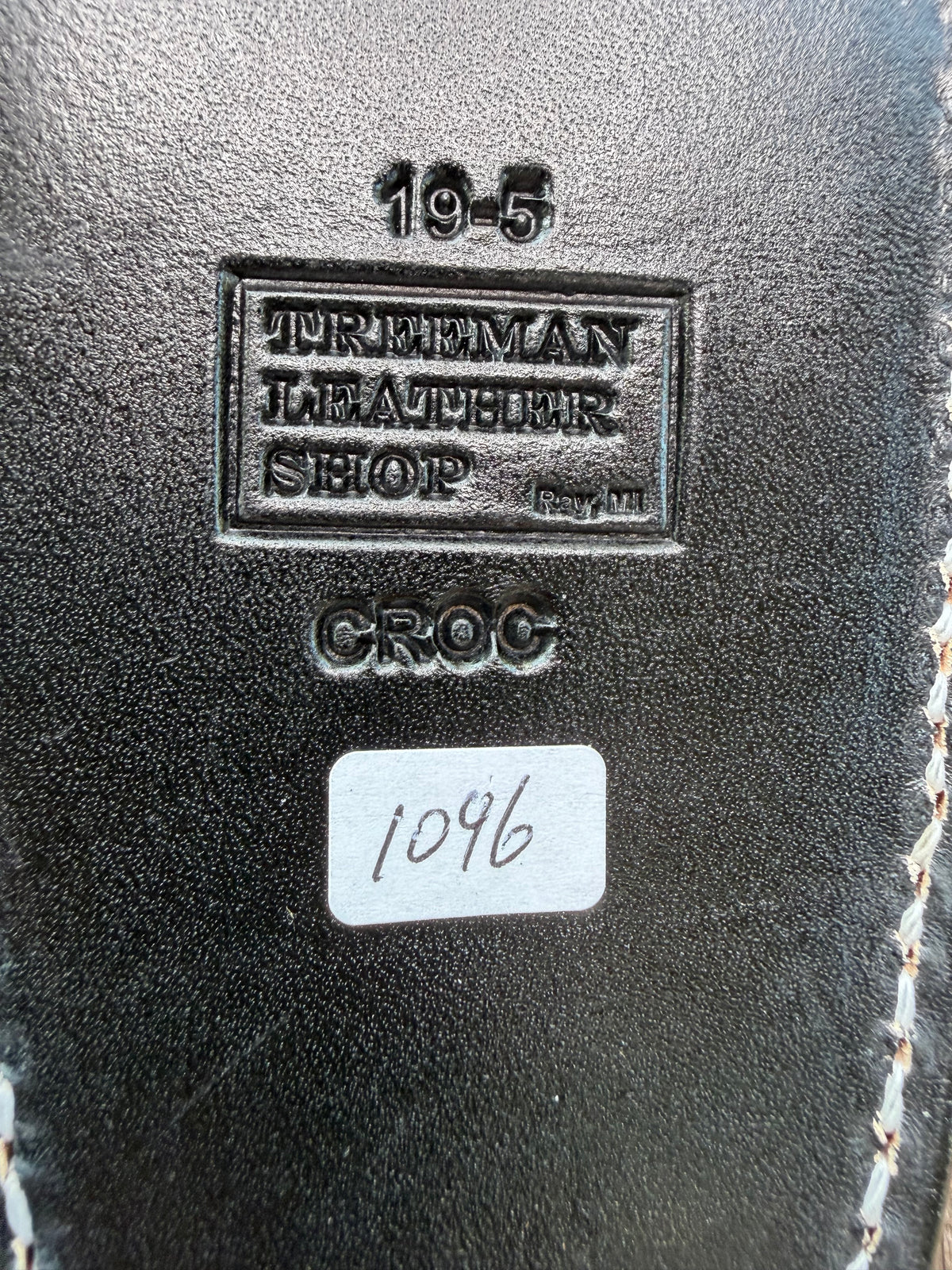 New Randall Model 19-5 Sheath in Exotic Black Matte Crocodile skull from Treeman with a Black Canteen snap. White thread deviated stitching on black leather..Killer sheath.
