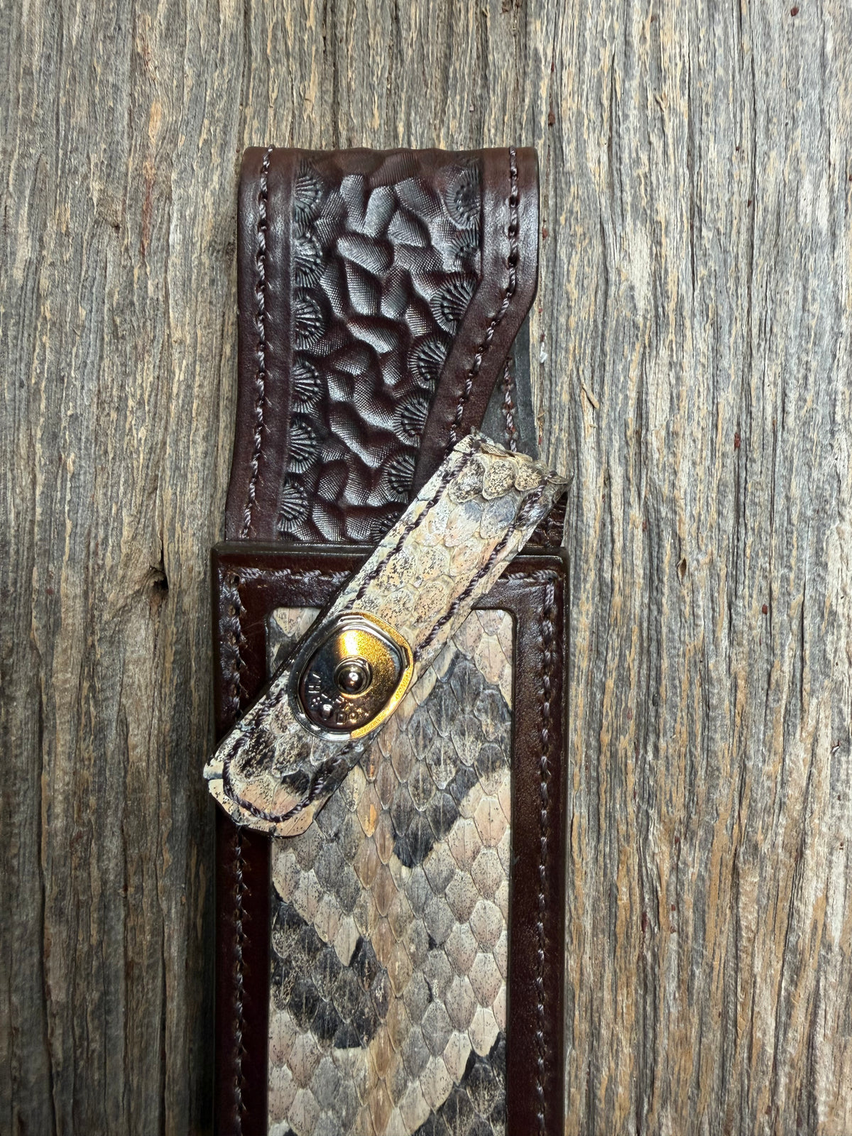 Randall Model 14 sheath with a Canebrake RattleSnake skin from Treeman Sheaths. Vibrant colors and along side Copperheads the hardest skin to source.