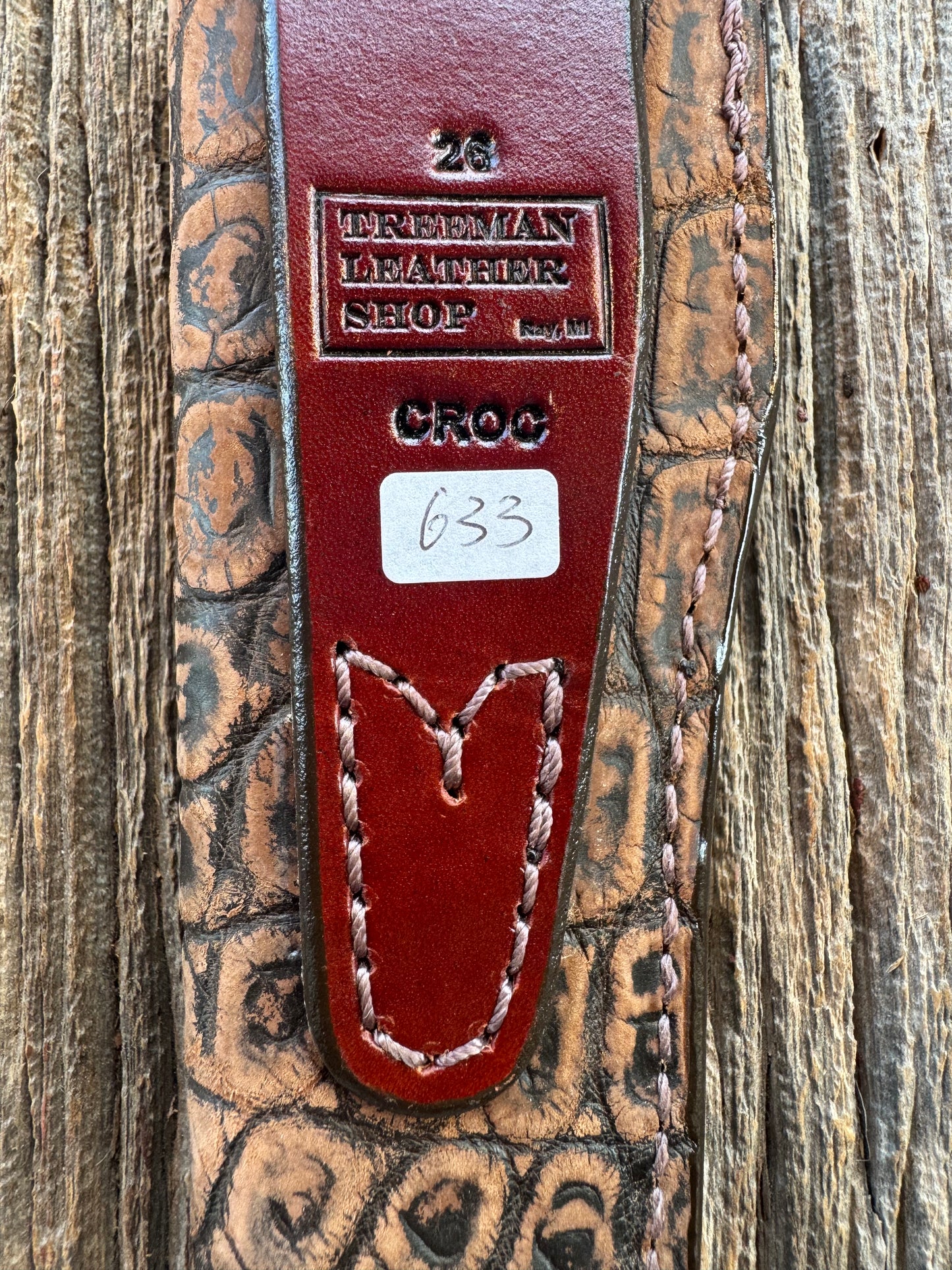 Randall Model 26 Sheath in Exotic Brown Sueded Crocodile Throat style from Treeman.