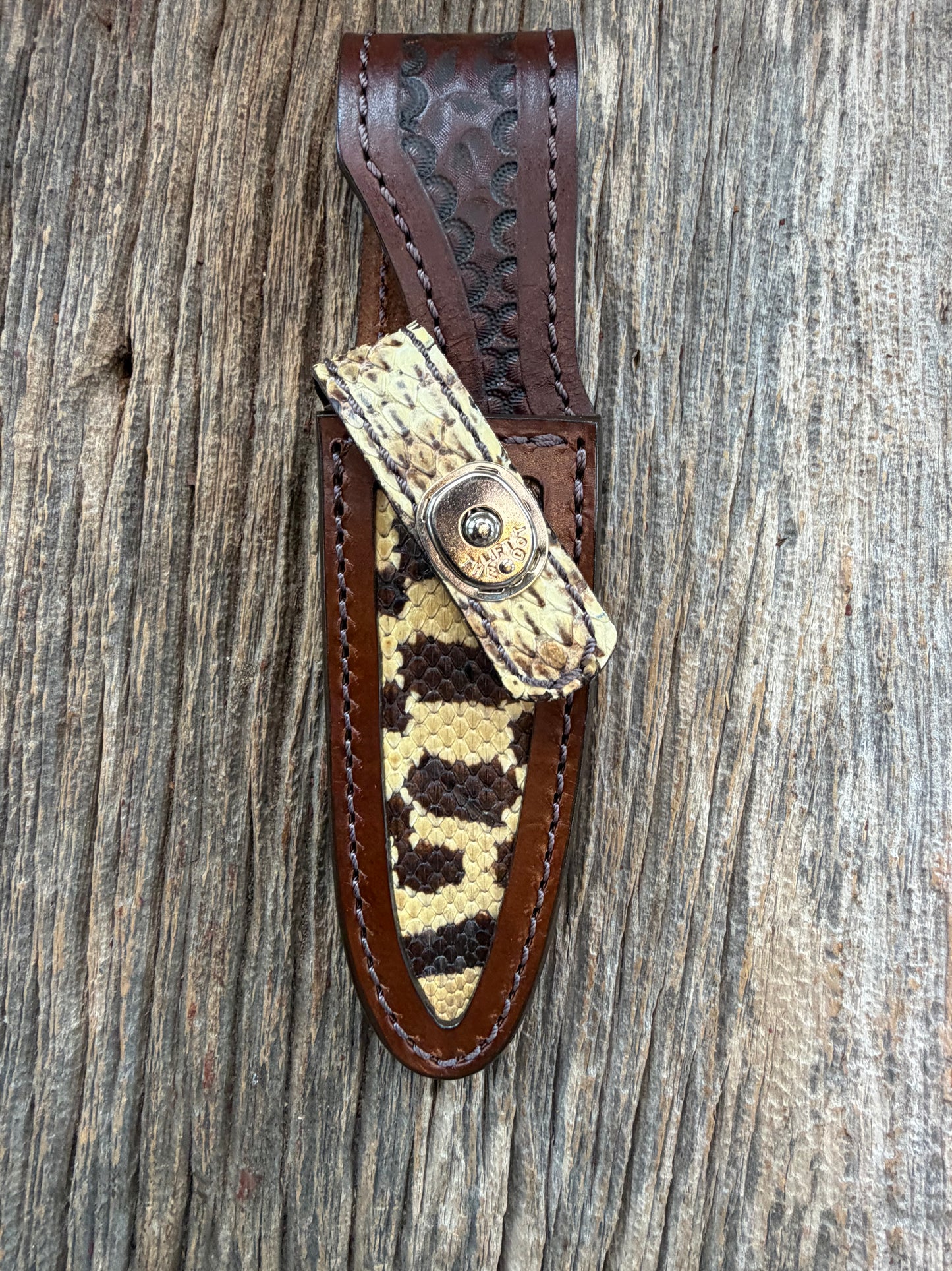Randall Model 8-4 Sheath in Exotic West Texas Yellow Gopher Snake from Treeman Sheaths.
