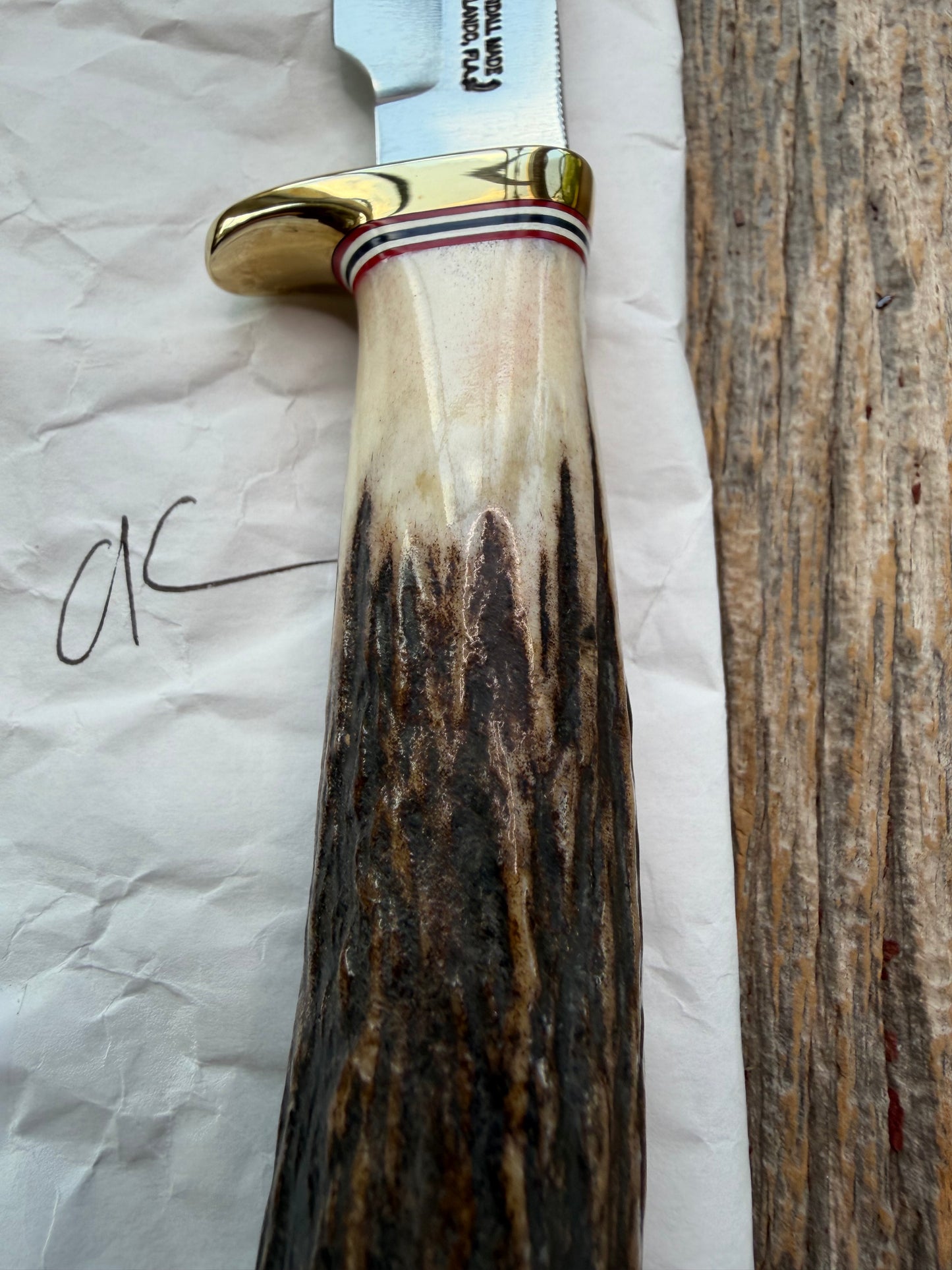 New Randall Knife Model 8-4 New Catalog Old Style Trout & Bird Carbon & Stag, Red white and blue spacers.