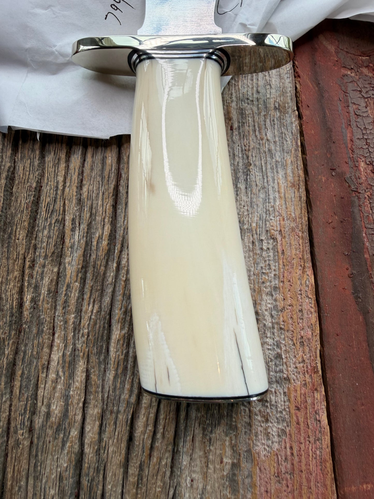 New in paper fresh from the Shop. Randall Knife Model 12-8 Big Bear. Gorgeous piece of creamy Fossil Walrus Ivory. Nickel silver hilt and plate end, Carbon  steel.