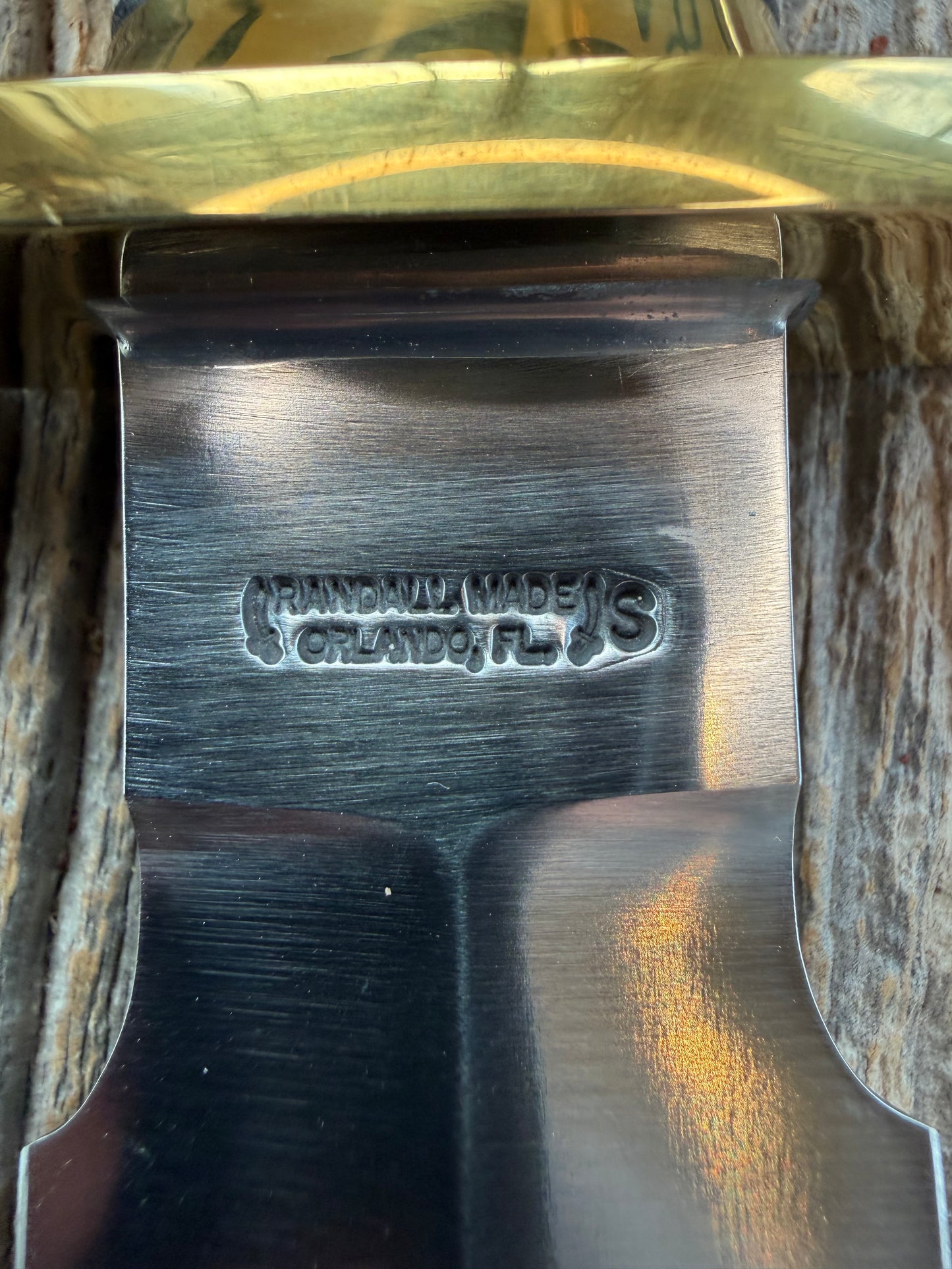 Randall Knife Clinton Special TC Brass Lugged Hilt and Collar, Stainless Steel, Resin, nameplate, scalloped brass butt cap