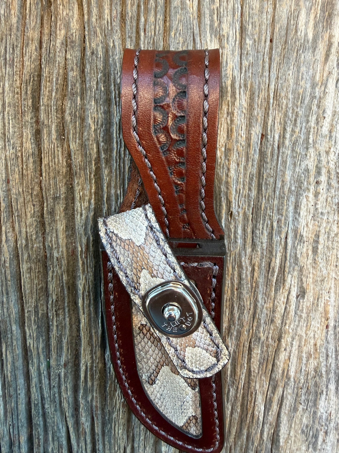 Randall Model 21 Sheath in Exotic Eastern Copperhead from Treeman Sheaths. Stunning colors and pattern.