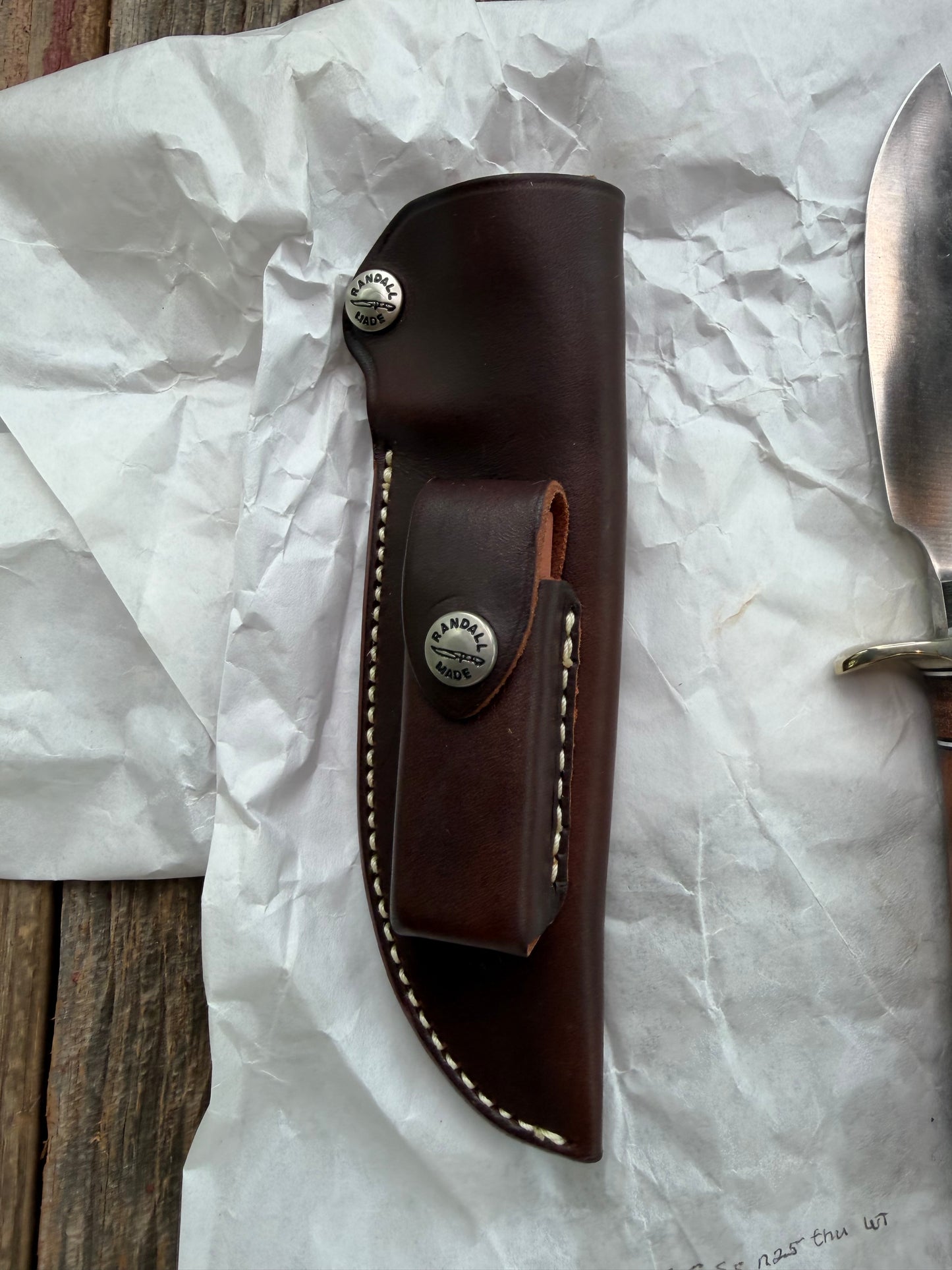 New in paper Randall Knife Model 25-5 Trapper in Thuya Wood and Leather Handle Stainless Blade, NSH Hilt