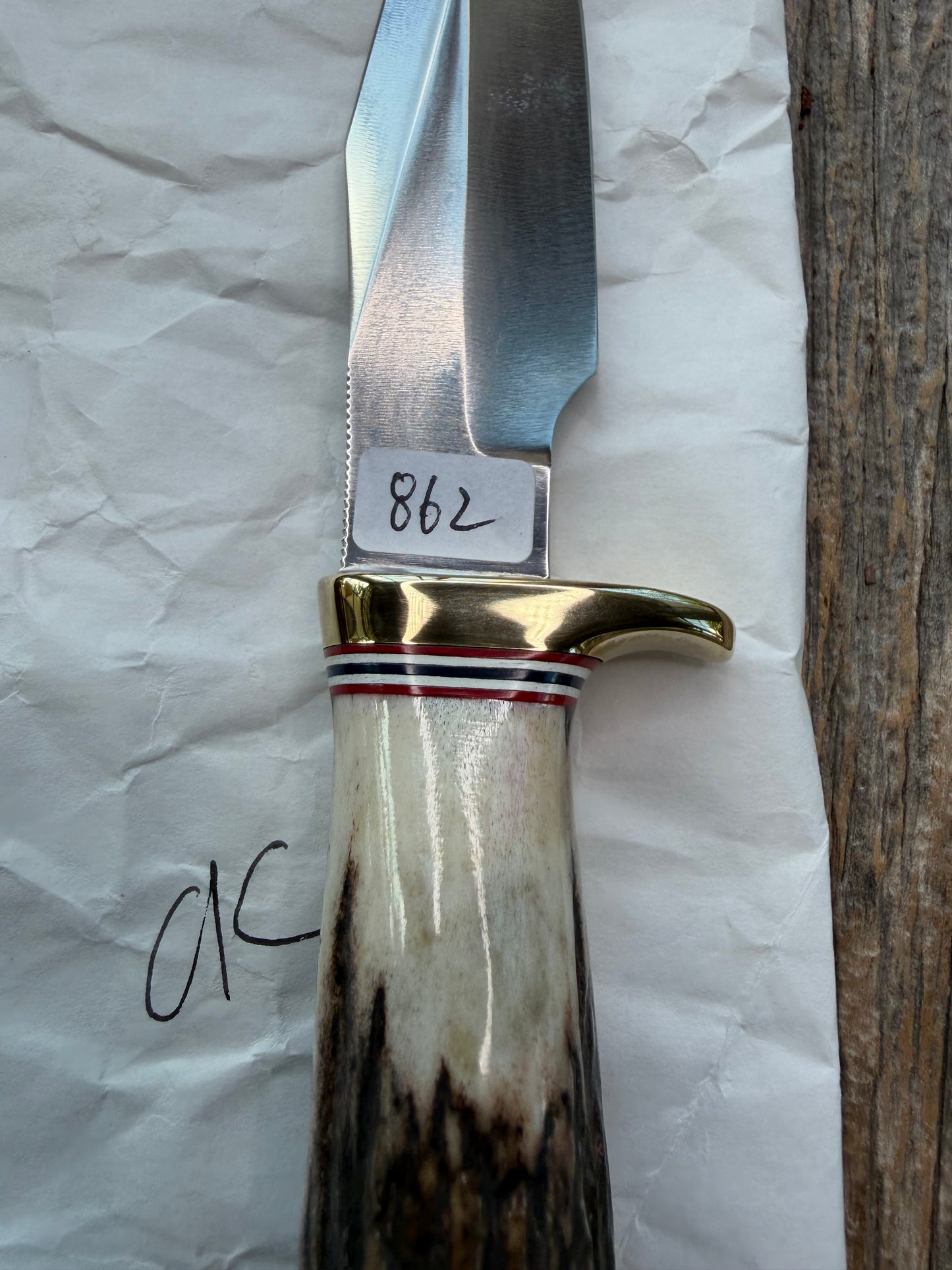 New Randall Knife Model 8-4 New Catalog Old Style Trout & Bird Carbon & Stag, Red white and blue spacers.