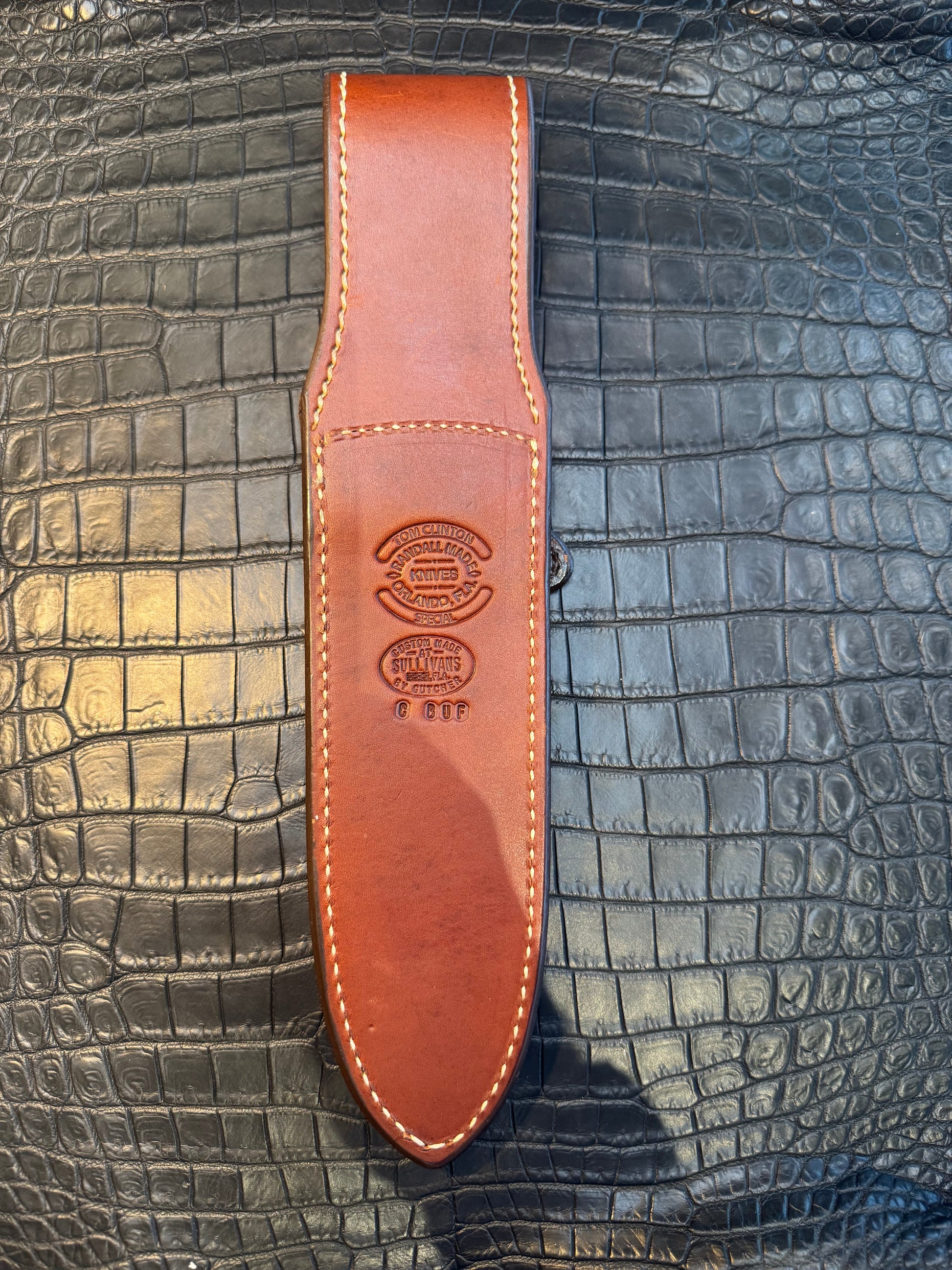 New Randall Model Clinton Special Sheath in Exotic Cape Buffalo Custom Made at Sullivan’s by Gutcher.