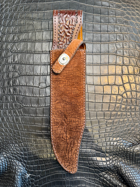 Randall Model 12-9 Bowie Clip Point in Chocolate Hippo, forward curved hilt, Canteen Snap, full brass stamping and stitching.