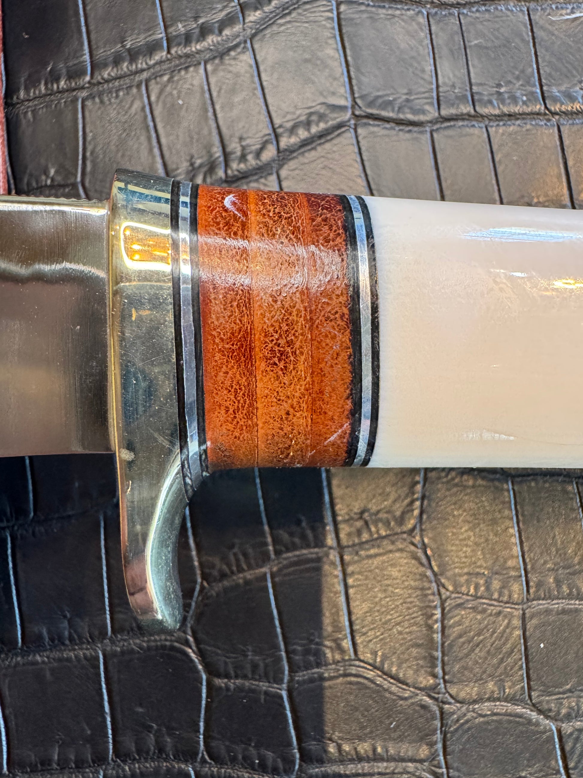 Randall Model 25-6 in Elephant Ivory with stacked Leather, Nickel Silver Hilt and Aluminum Butt cap. Flawless.