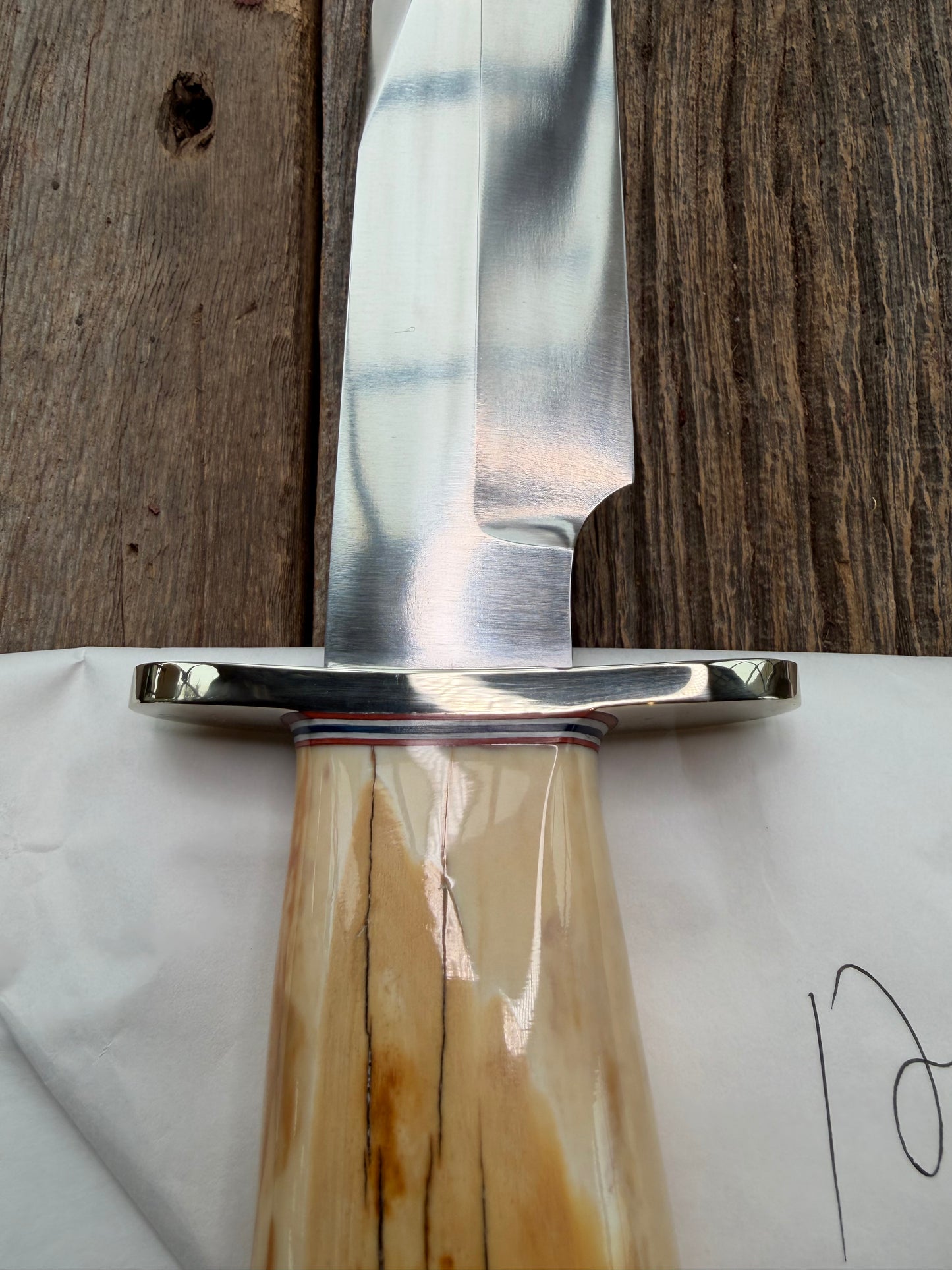 New in Paper Randall Knife Model 12-9 beautiful Fossil walrus handle, incredible colors (creams, browns , oranges) Double Nickel Silver hilt, nickel plate, Stainless Steel, RWB spacers