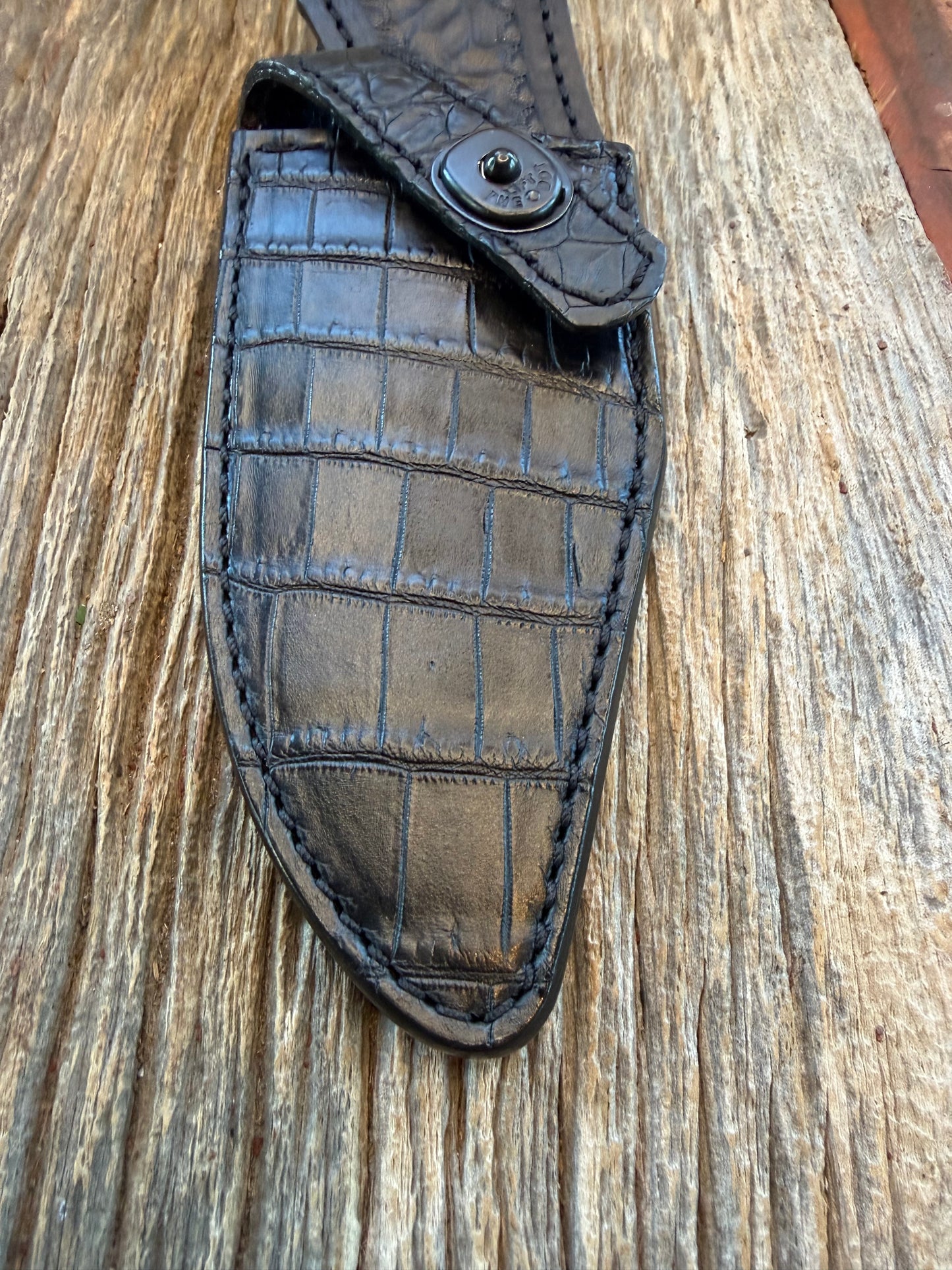 New Randall Model 19-5 Sheath in Exotic Black Crocodile from Treeman. My first sheaths with black snaps.