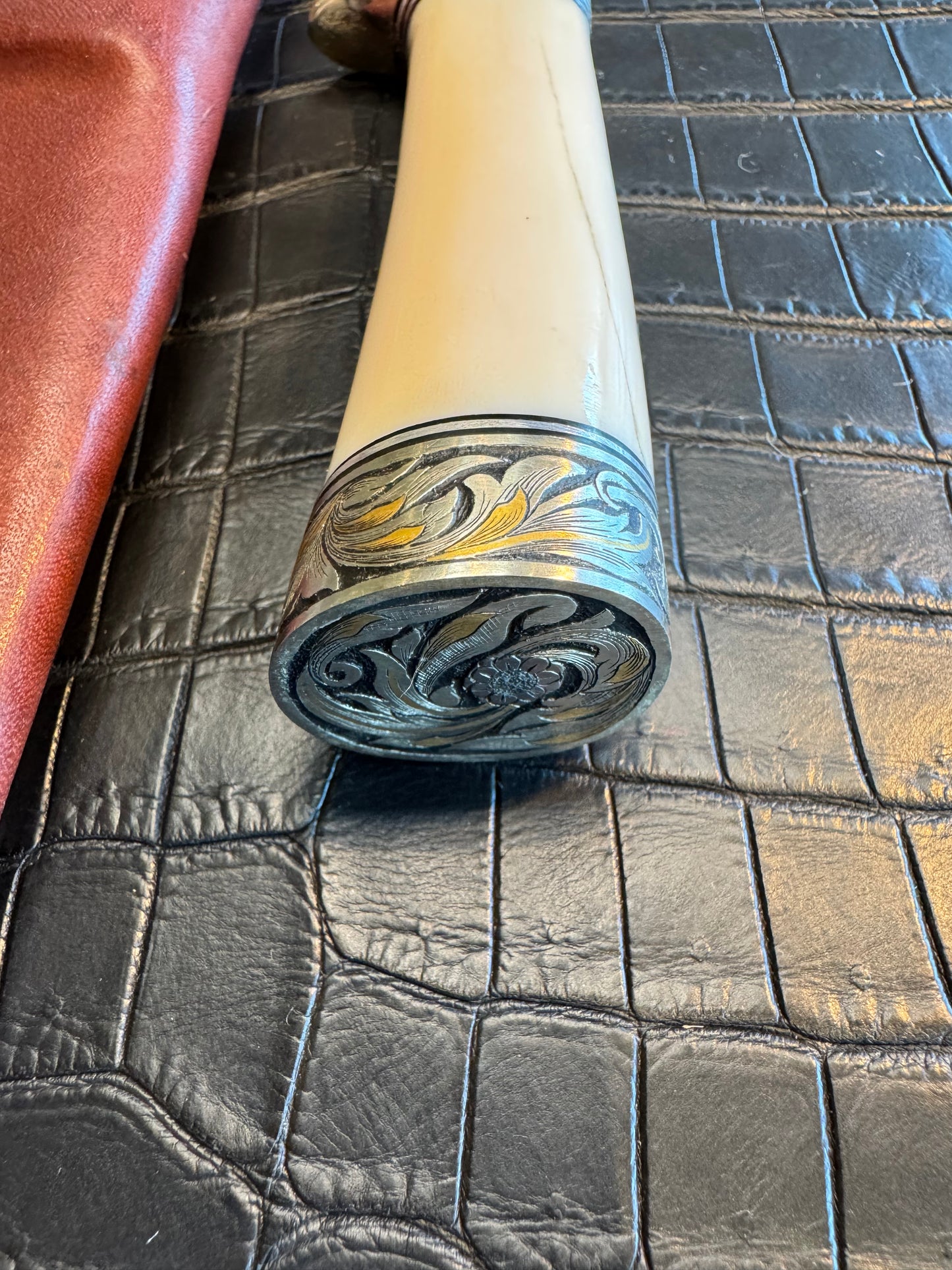 Randall Model 26 in Elephant Ivory, Gold and Silver Engraved, Nickel Silver Single Hilt and Butt cap fully engraved.