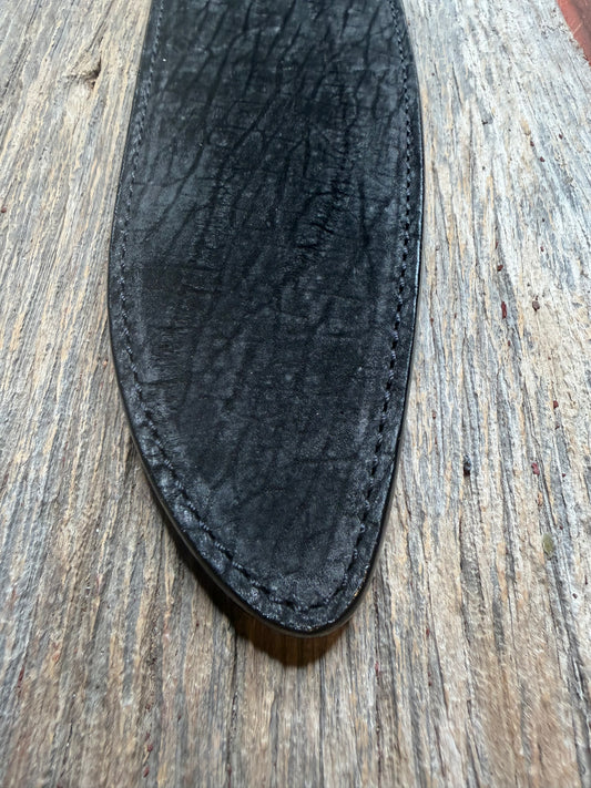 Randall Model 12-11 Large Sasquatch in Black Hippo, forward curved hilt, black Canteen Snap, full brass stamping and stitching.