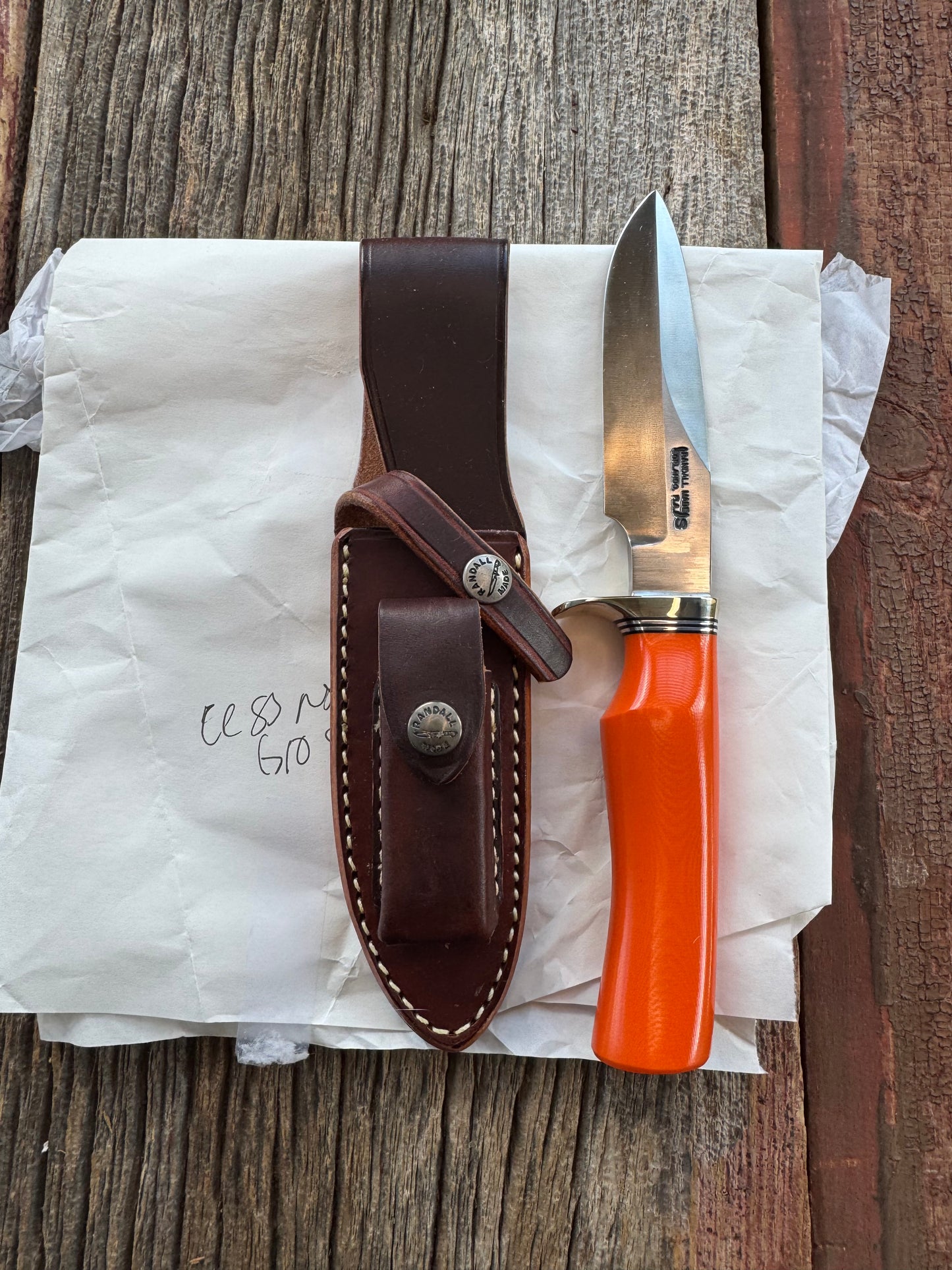 New in Paper Randall Knife Model Combat Companion Orange G10 Handle Stainless Steel, NSH Nickel Silver Single Hilt.
