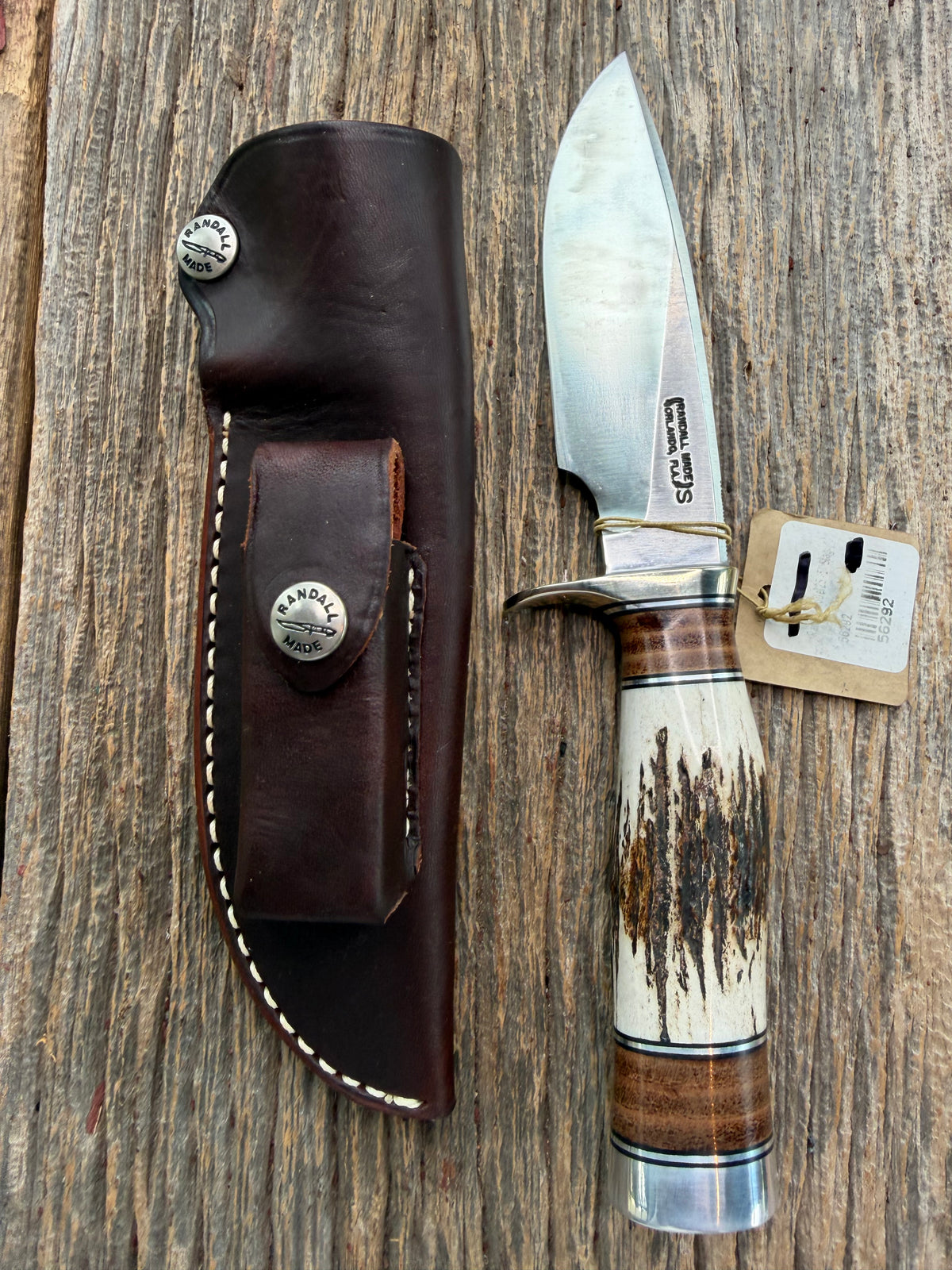 New Randall Model 25-5 with a Stag handle. Stainless steel blade, Nickel silver hilt, Aluminum butt. BL AL spacers