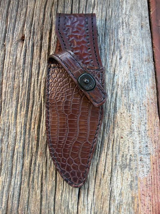 New Randall Model 19-5 Sheath in Exotic Dark Brown Crocodile from Treeman with the newest Black Canteen snap.