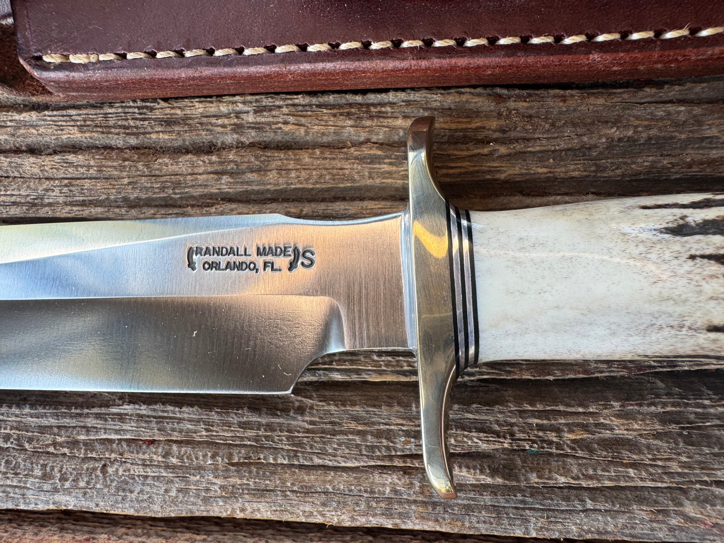 New in paper Randall Model 1-8 with shop Stag. Nickel silver Hilt and Aluminum Butt cap.