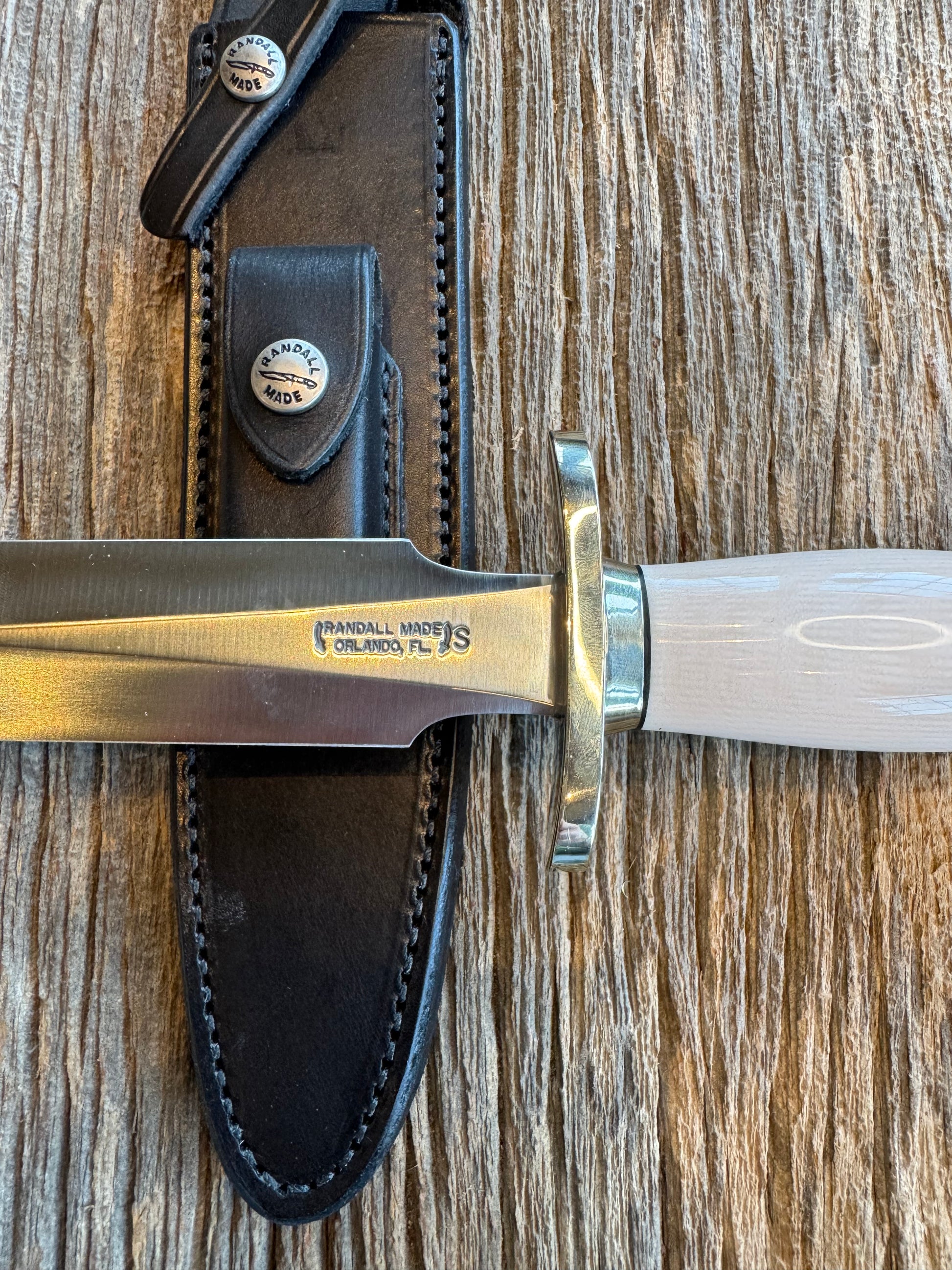 New Randall Knife Model 2-8 Warther Resin Ivory. Nickel Silver Hilt plus collar. Stainless Steel Blade, flanged butt cap.