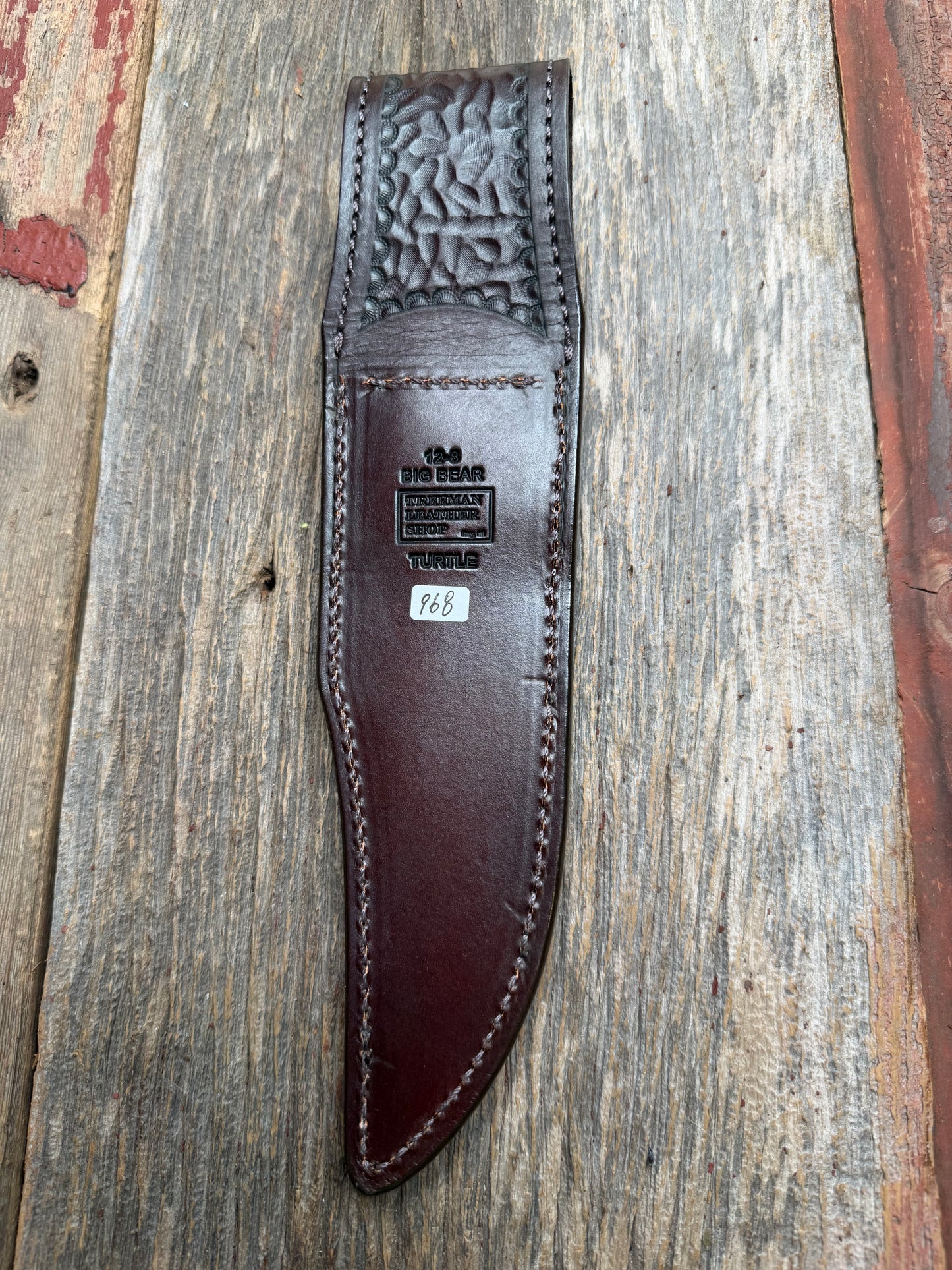 Randall Model 12-8 “Big Bear” Sheath in Exotic Dark Brown Snapping Turtle by Treeman. FCH and new black canteen snap… Spiked Dragon tail portion of the turtle.