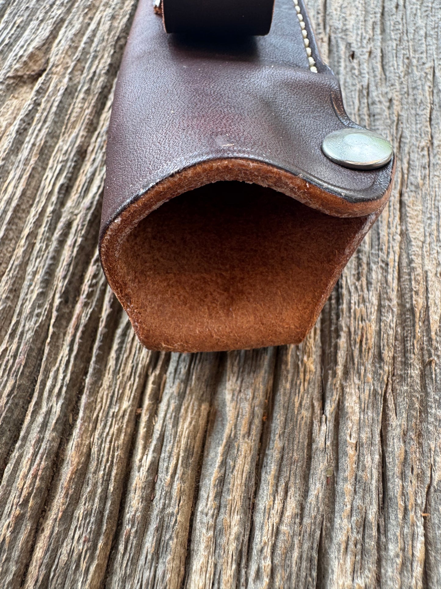 New Randall Sullivans by Gutcher Leather Knife Sheath Model 25-5 with Sharpening Stone throat style.