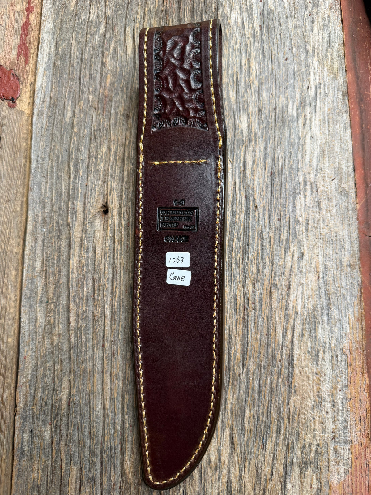 Randall Model 1-8 sheath with a Canebrake RattleSnake skin from Treeman Sheaths. Vibrant colors and along side Copperheads the hardest skin to source.