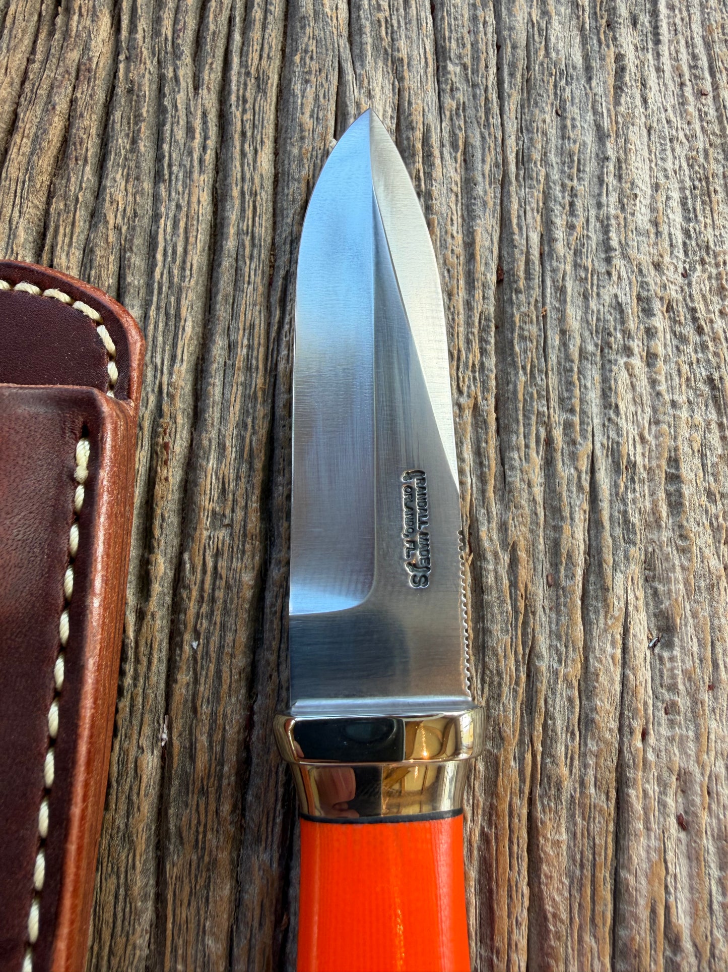 New Randall Model “Gambler” 4 Inch in an Orange G-10 Micarta handle, Nickel Hilt and collar Stainless steel blade, rounded nickel silver butt cap. Loaded!!