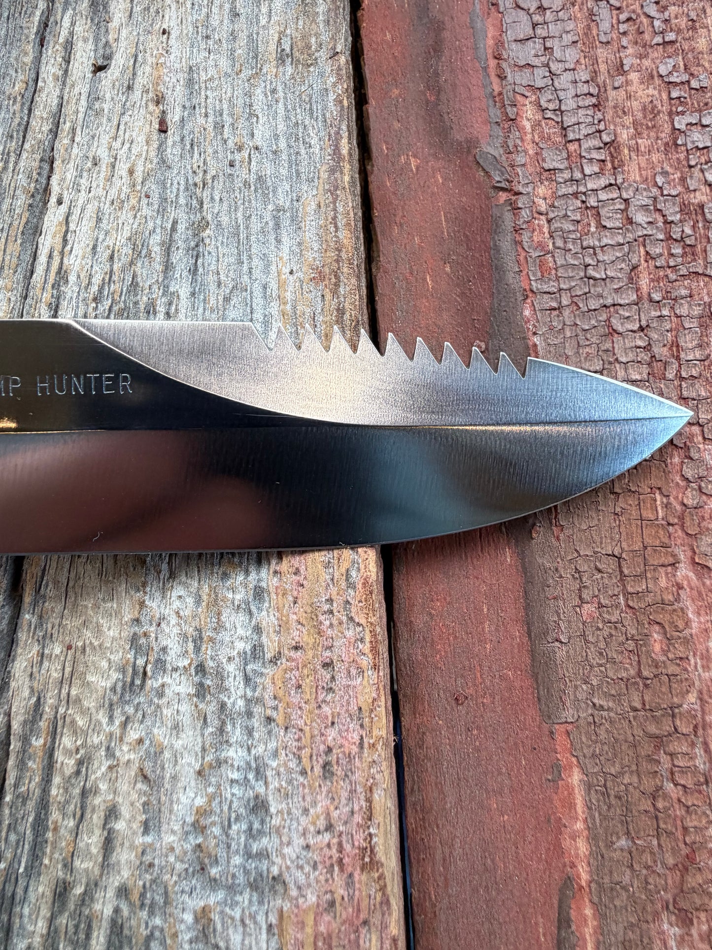 Randall Model Combat Companion with a nice piece of customer supplied Warthers Resin with finger grooves. Teeth, Nickel Silver Hilt and a raw natural end.