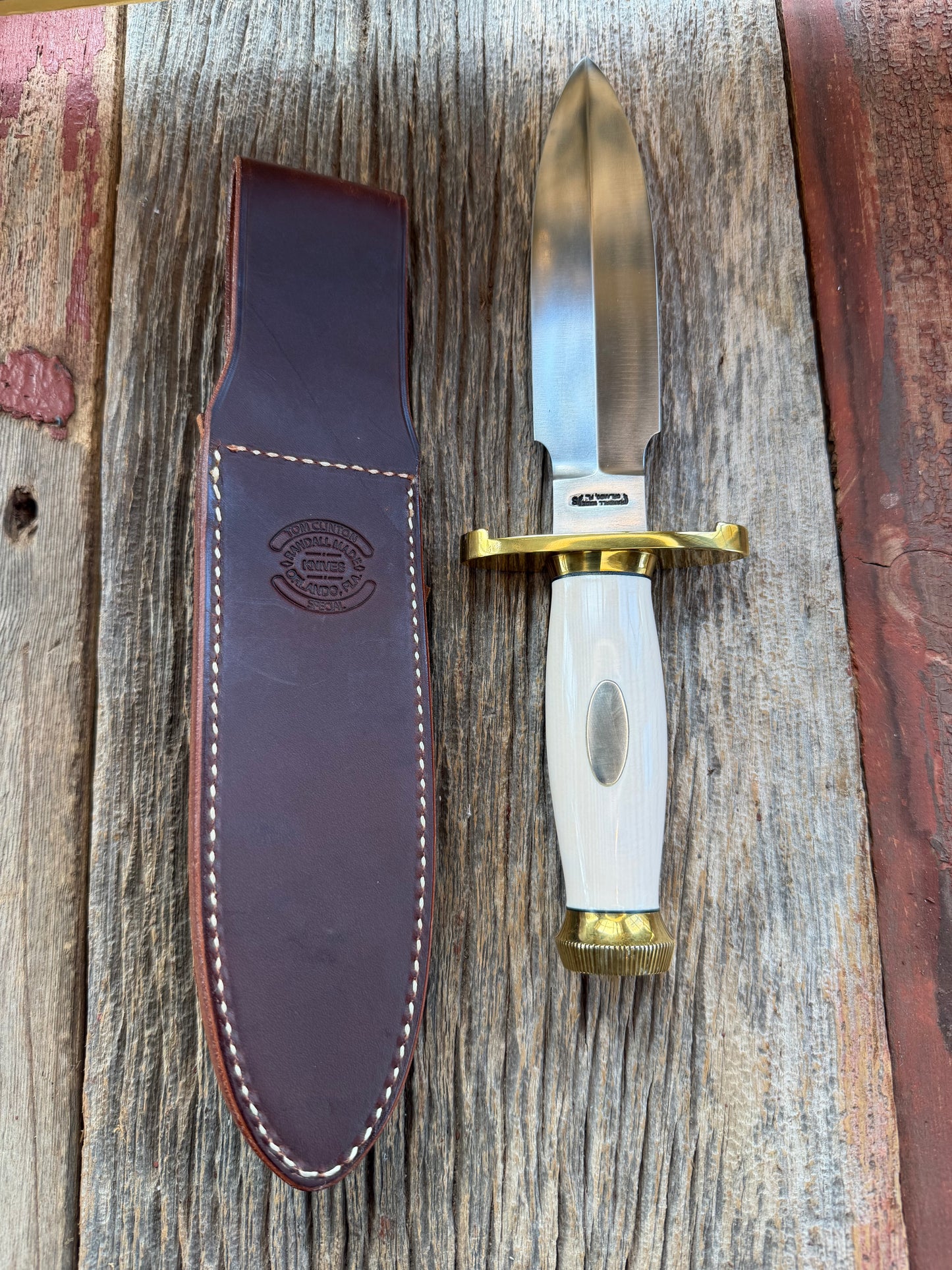 Randall Knife Clinton Special TC Brass Lugged Hilt and Collar, Stainless Steel, Resin, nameplate, scalloped brass butt cap