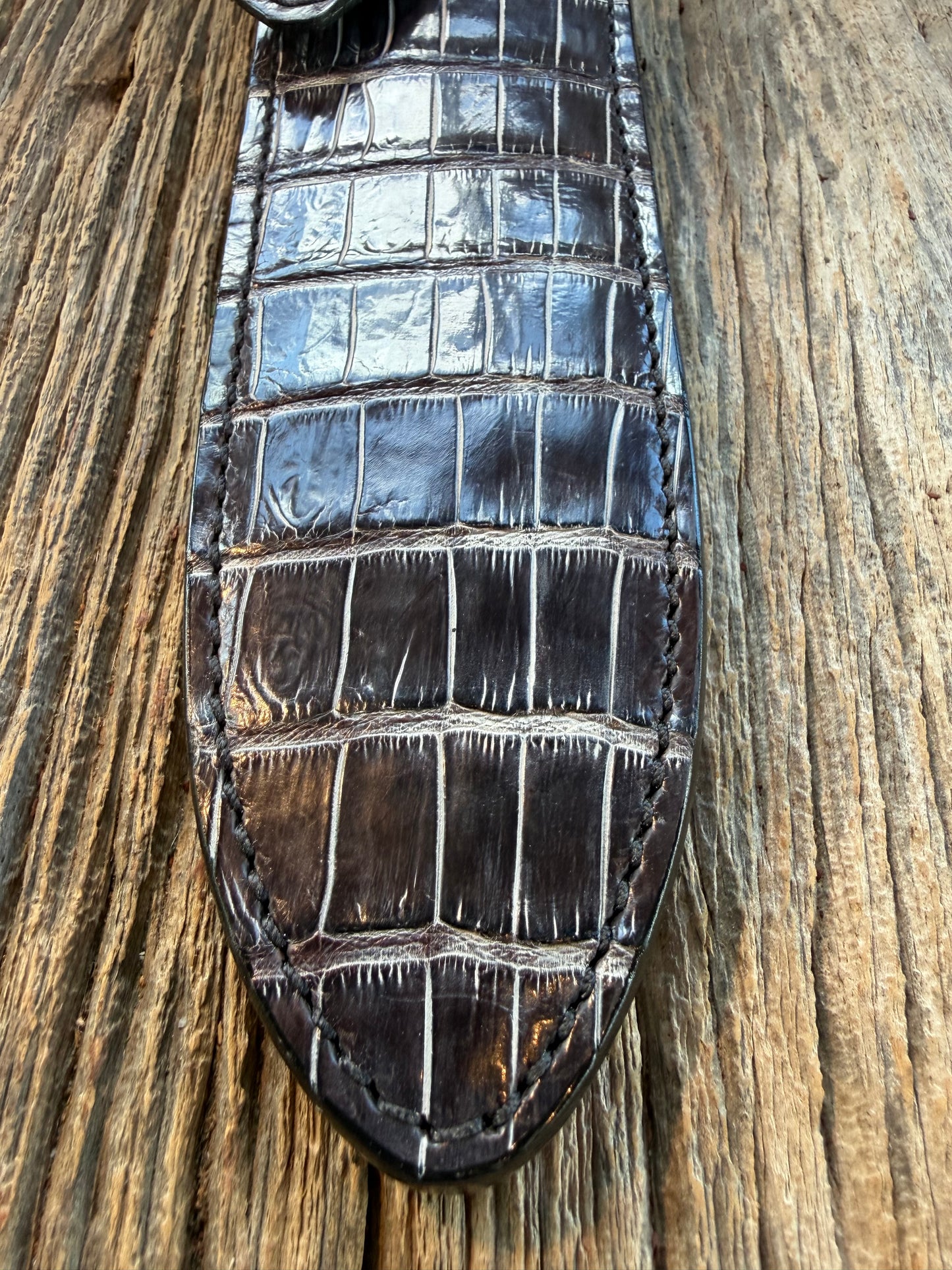 New Randall Model Clinton Special Sheath in Exotic Black/Grey Shiny Crocodile from Treeman with the newest Black Canteen snap.