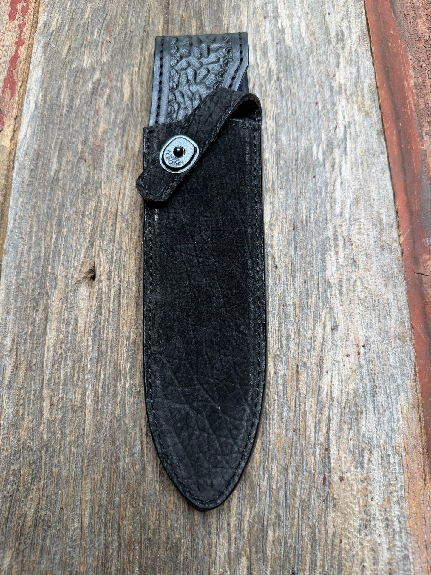 Randall Model Clinton Special in Black Hippo, forward curved hilt, black Canteen Snap, full brass stamping and stitching.