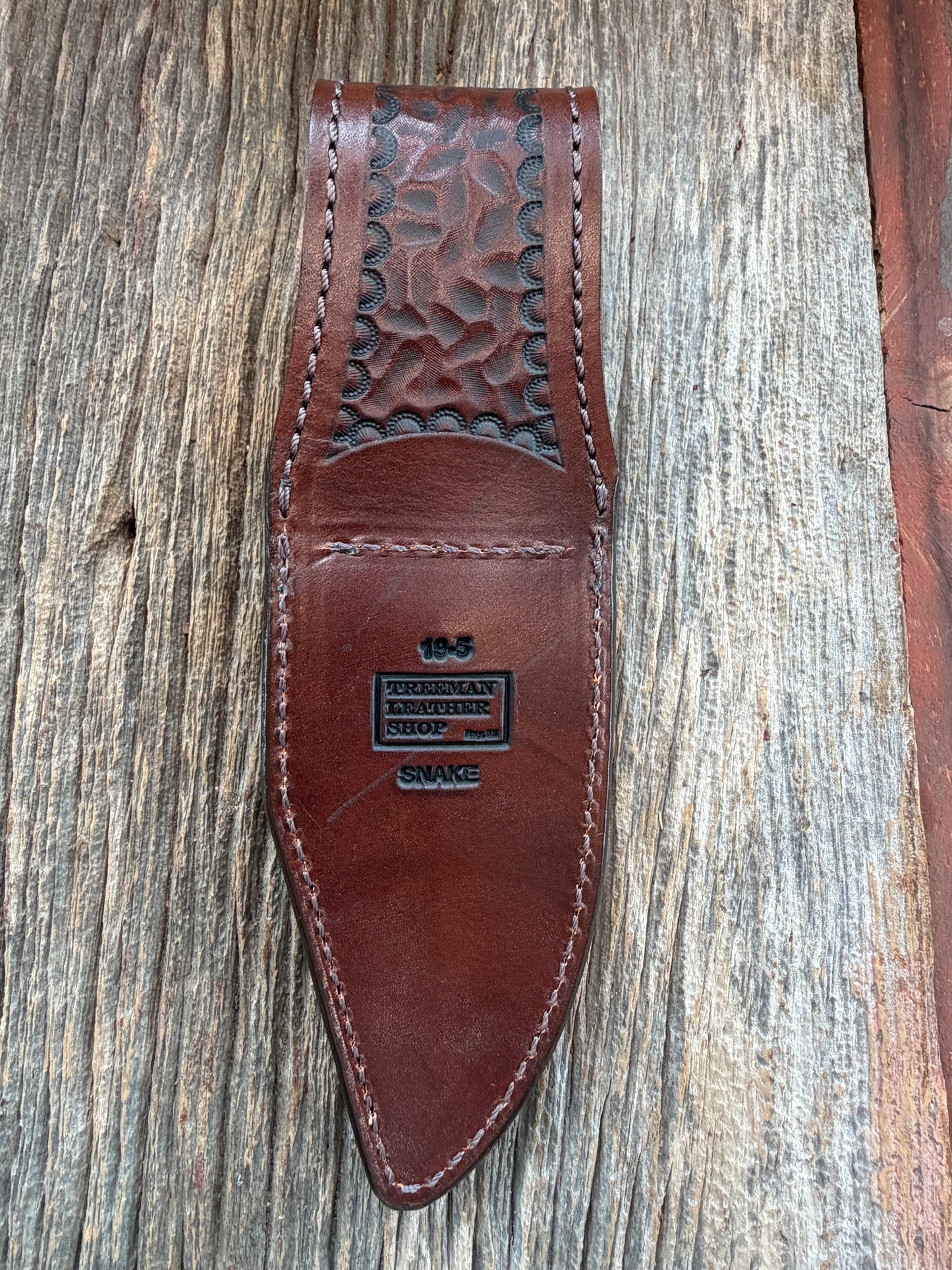 Randall Model 19-5 Sheath in Exotic West Texas Yellow Gopher Snake from Treeman Sheaths.