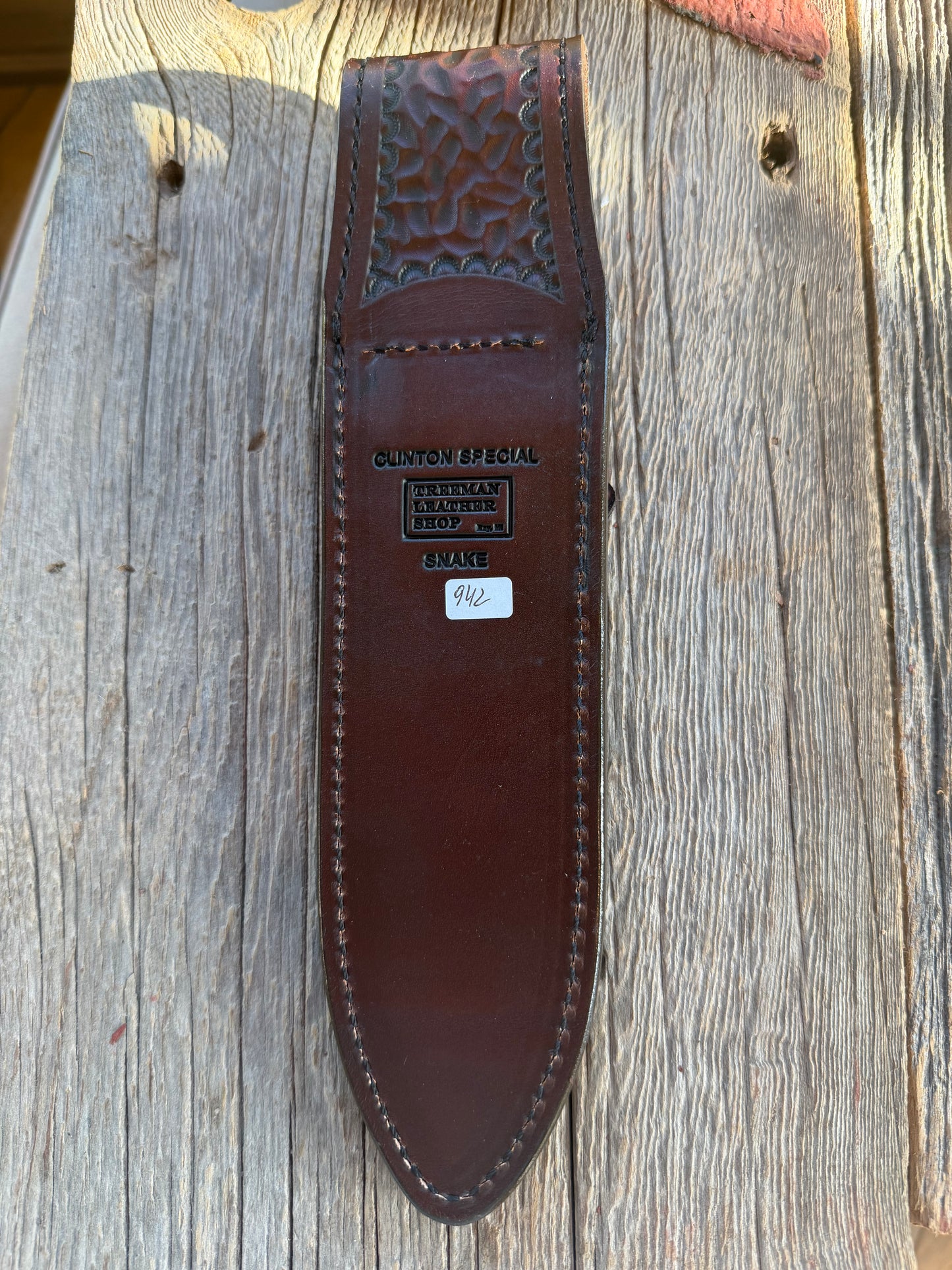 New Randall Model Clinton Special Sheath in Exotic Southern Copperhead from Treeman Sheaths. Black Canteen Snap. Stunning colors and pattern. Very rare skin.