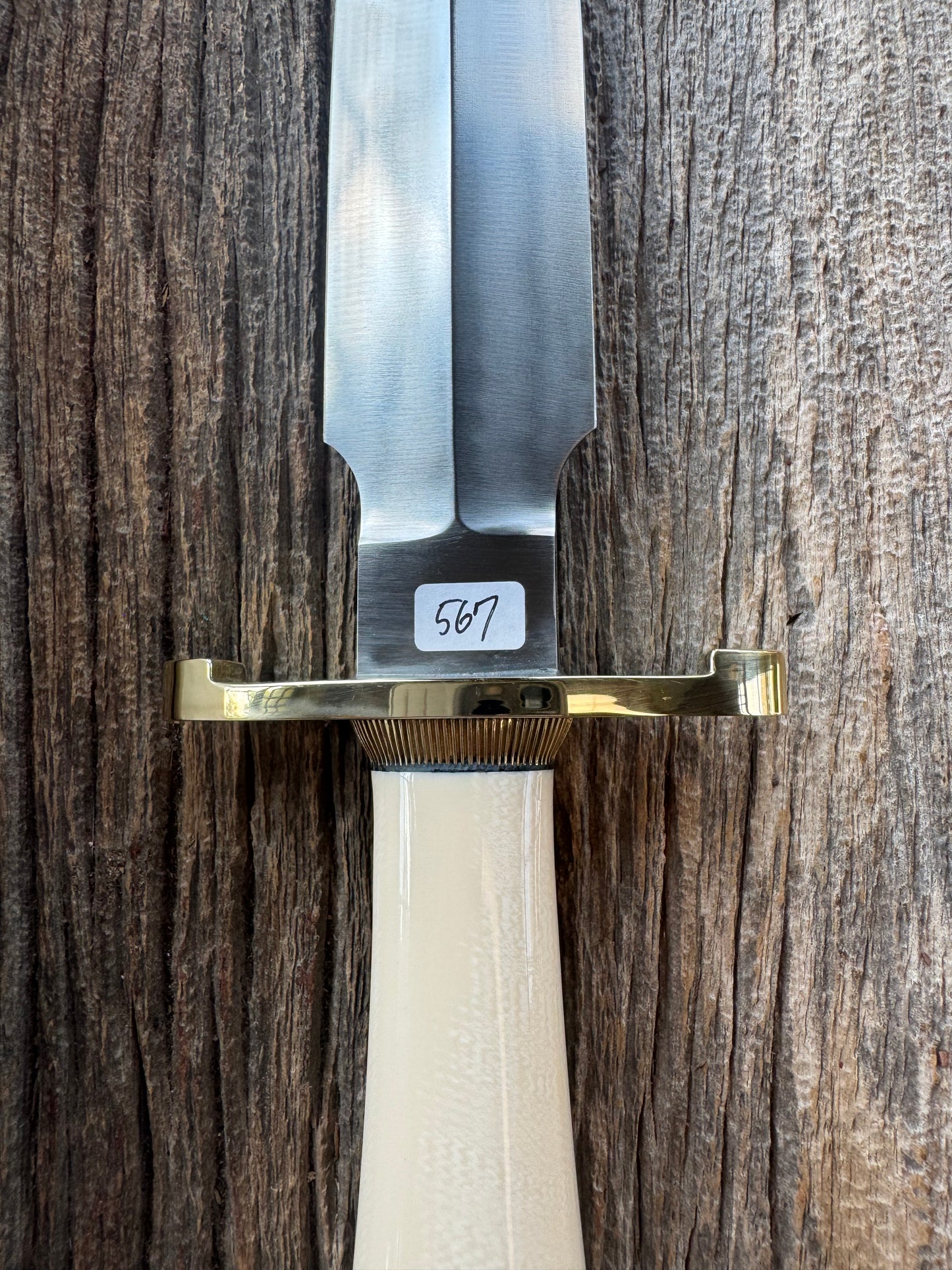 New in paper Randall Clinton Special with a nice piece of customer supplied Warthers Resin with concave grip, Stainless Steel, Brass Lugged Hilt and brass scalloped coolie cap.