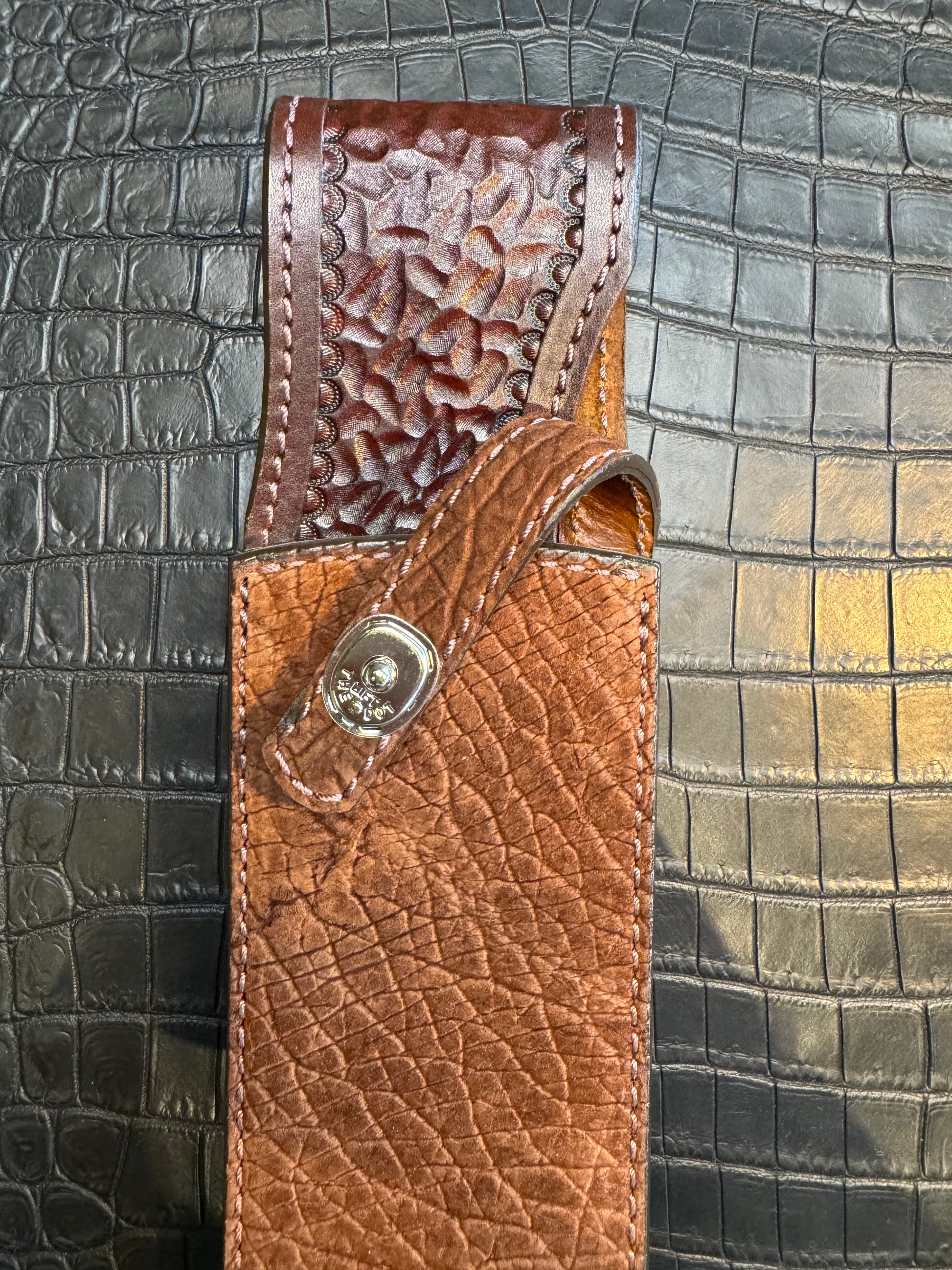 Randall Model 12-11 Smithsonian “Smitty” in Chocolate Hippo, forward curved hilt, Canteen Snap, full brass stamping and stitching.