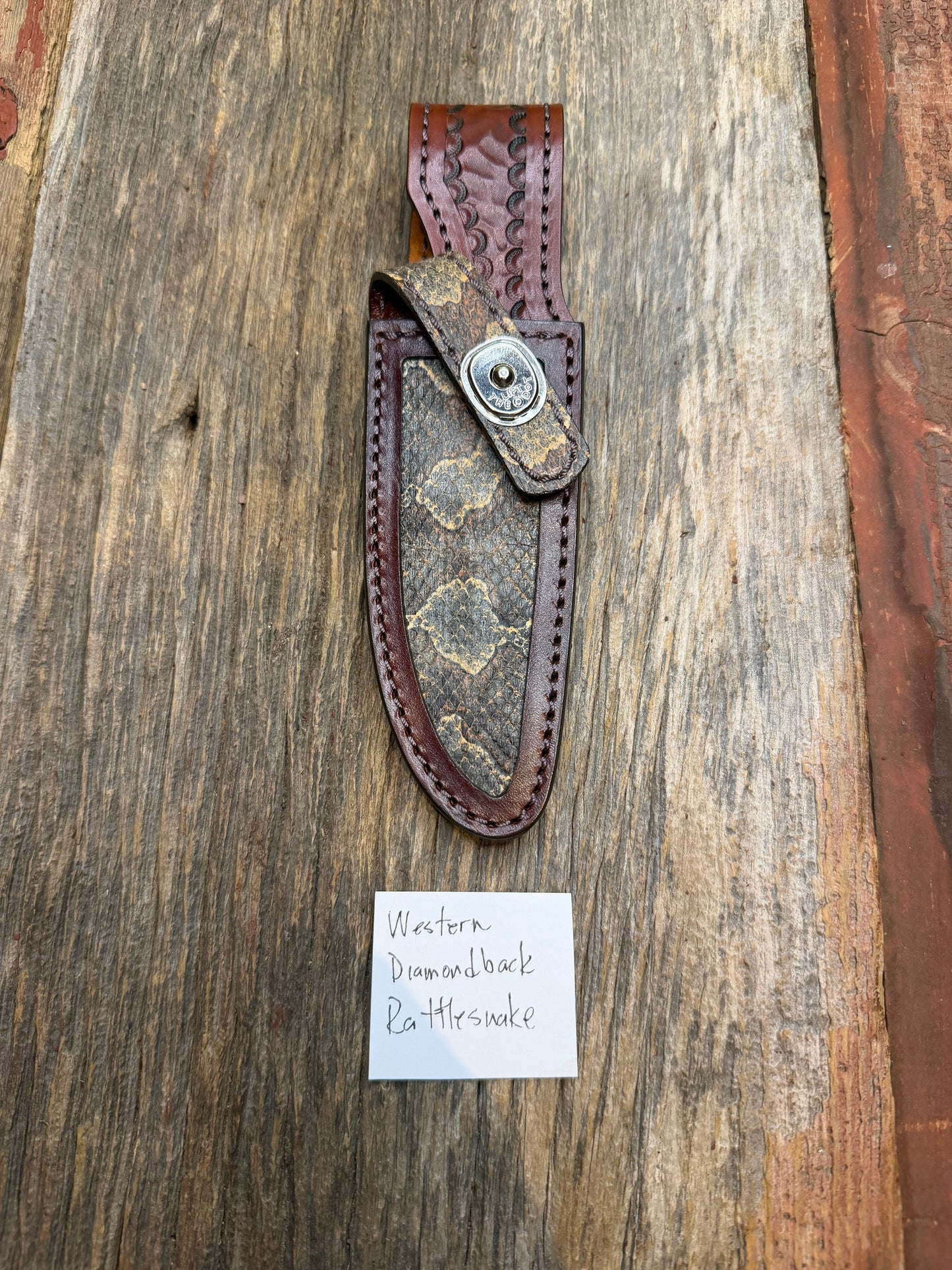 Randall Model 28 Sheath in Exotic Western Diamondback RattleSnake from Treeman Sheaths. Tremendous colors on this one.