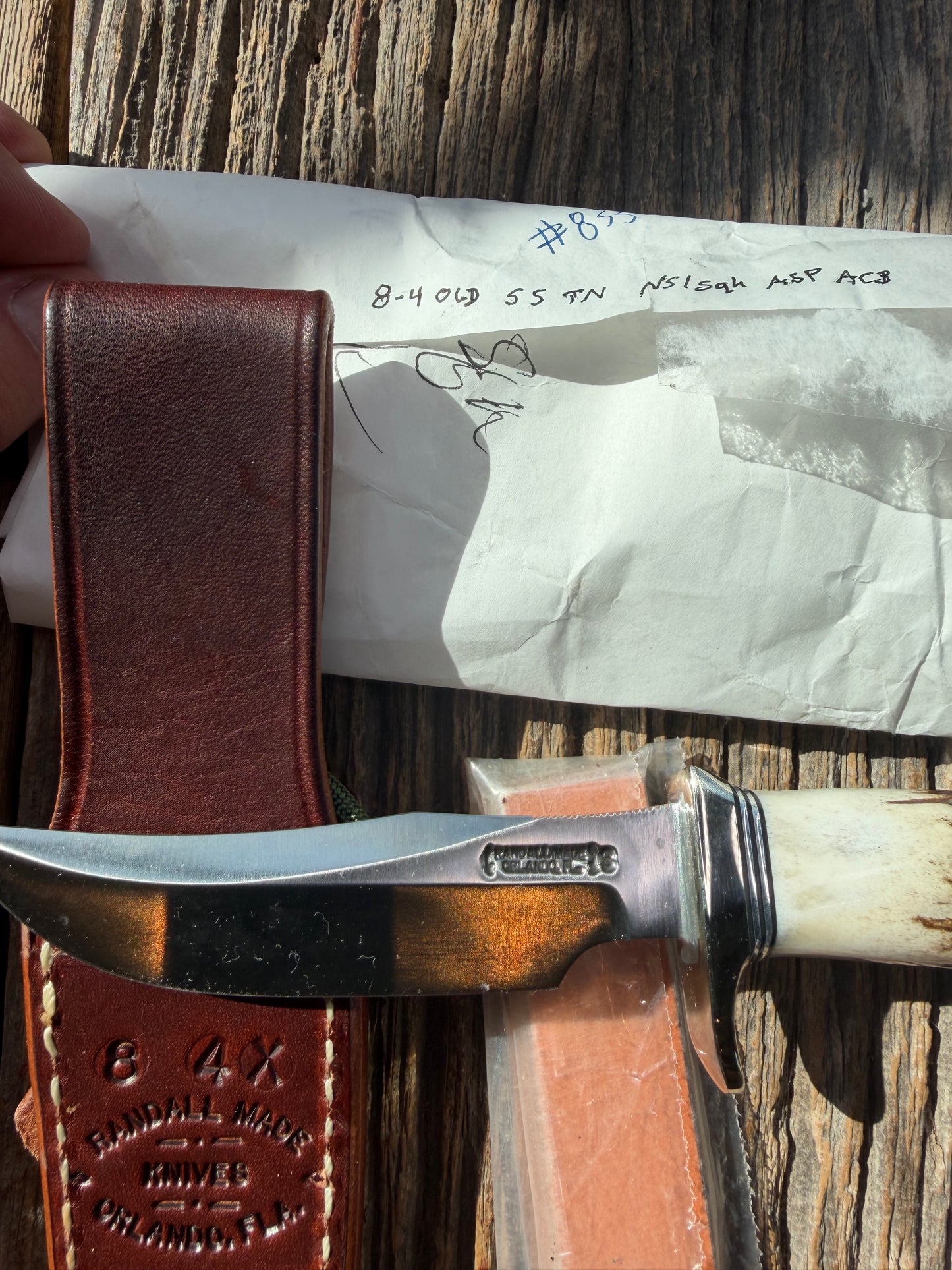 New in Paper Randall Knife Model #8-4 Old Style Trout And Bird Stag Handle, Stainless steel. Aluminum Crows Beak butt cap.