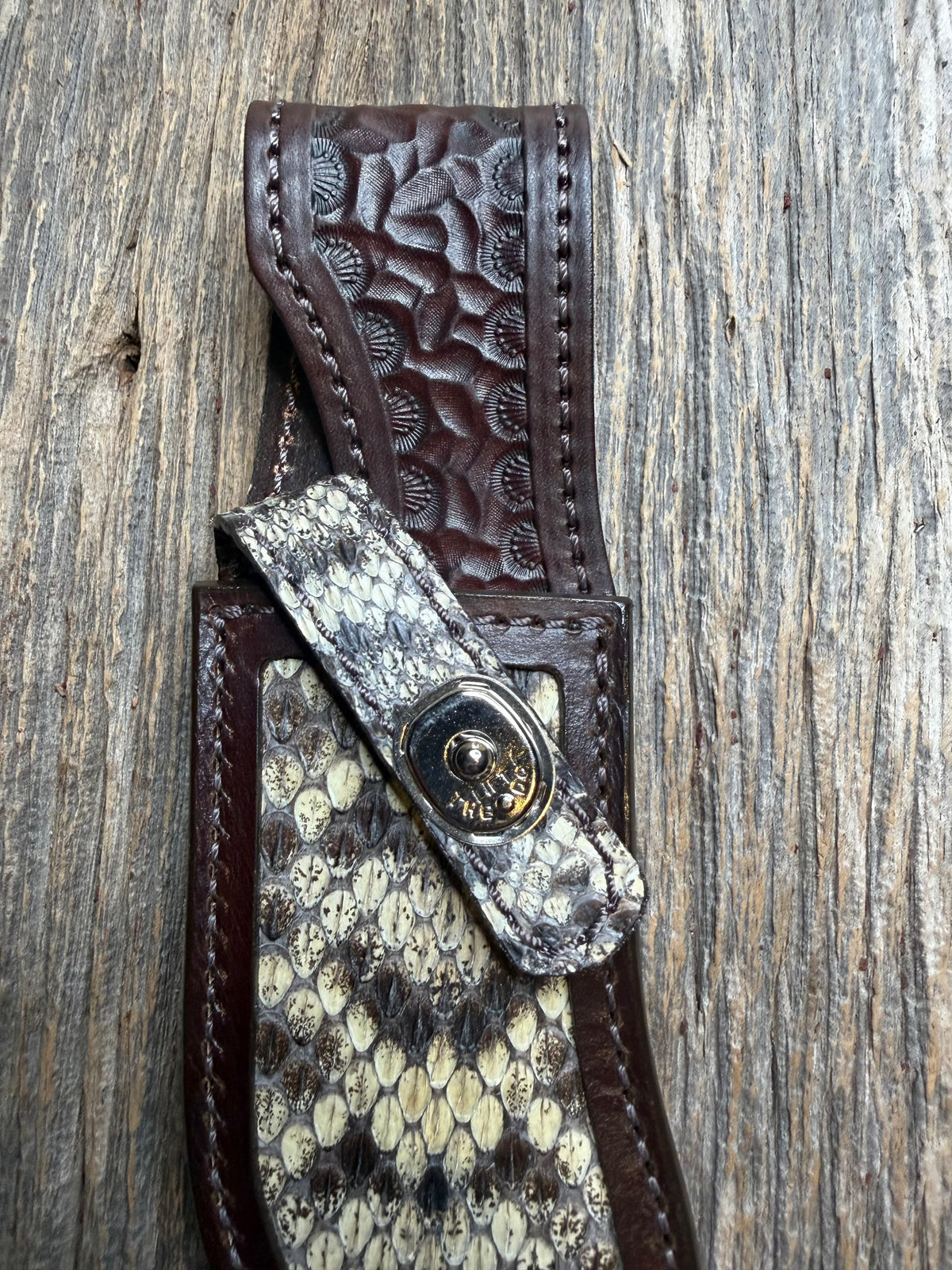 Randall Model Bowles Special sheath with an Eastern Diamondback RattleSnake skin from Treeman Sheaths. Hand tooled belt loop, canteen snap. Vibrant colors and one of the hardest skins to source.