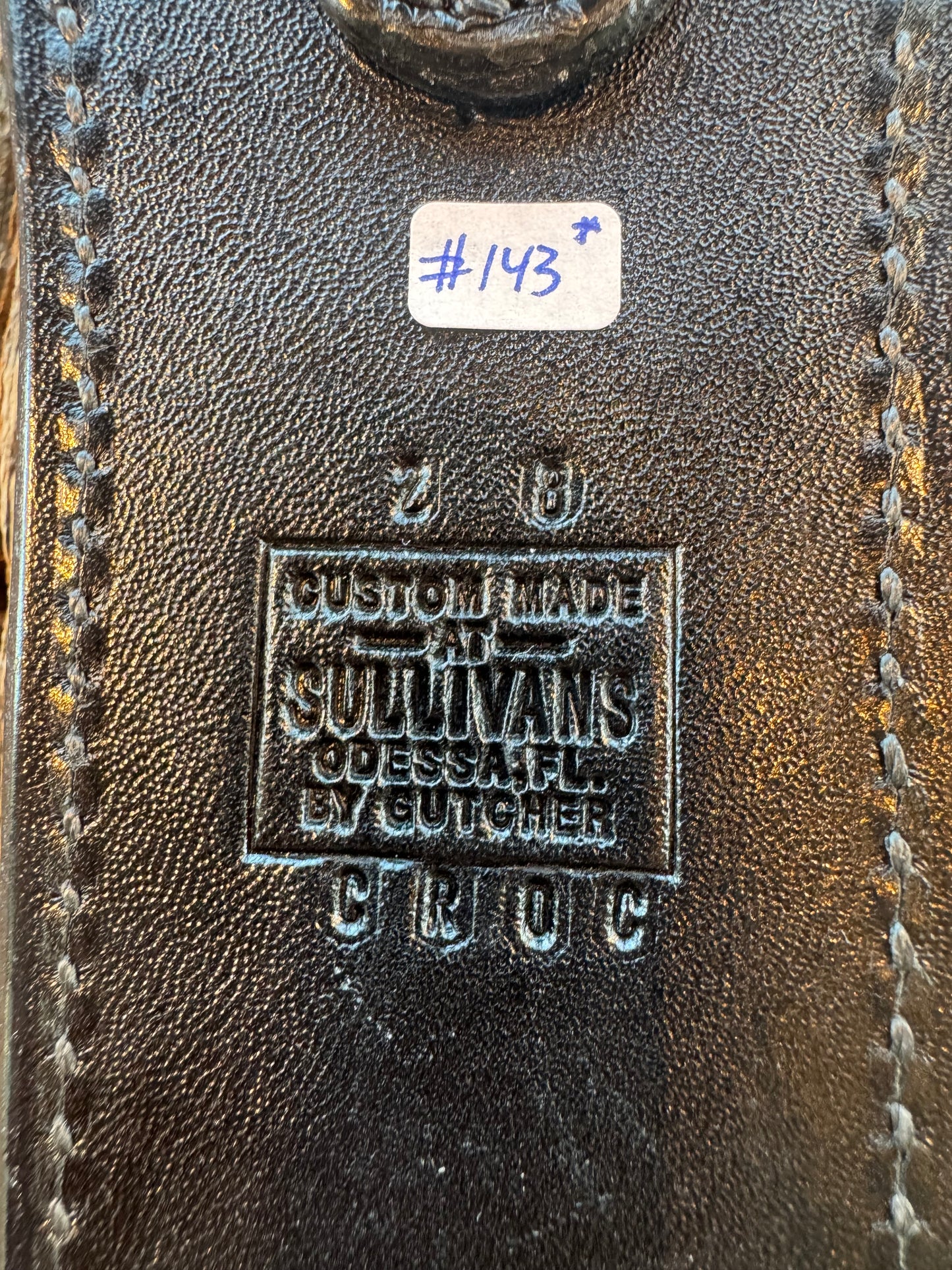 New Randall Model 2-8 Sheath in Exotic Black Natural Croc with full belt loop, back and front and loop in Black Croc( very rare) Custom Made at Sullivan’s by Gutcher.