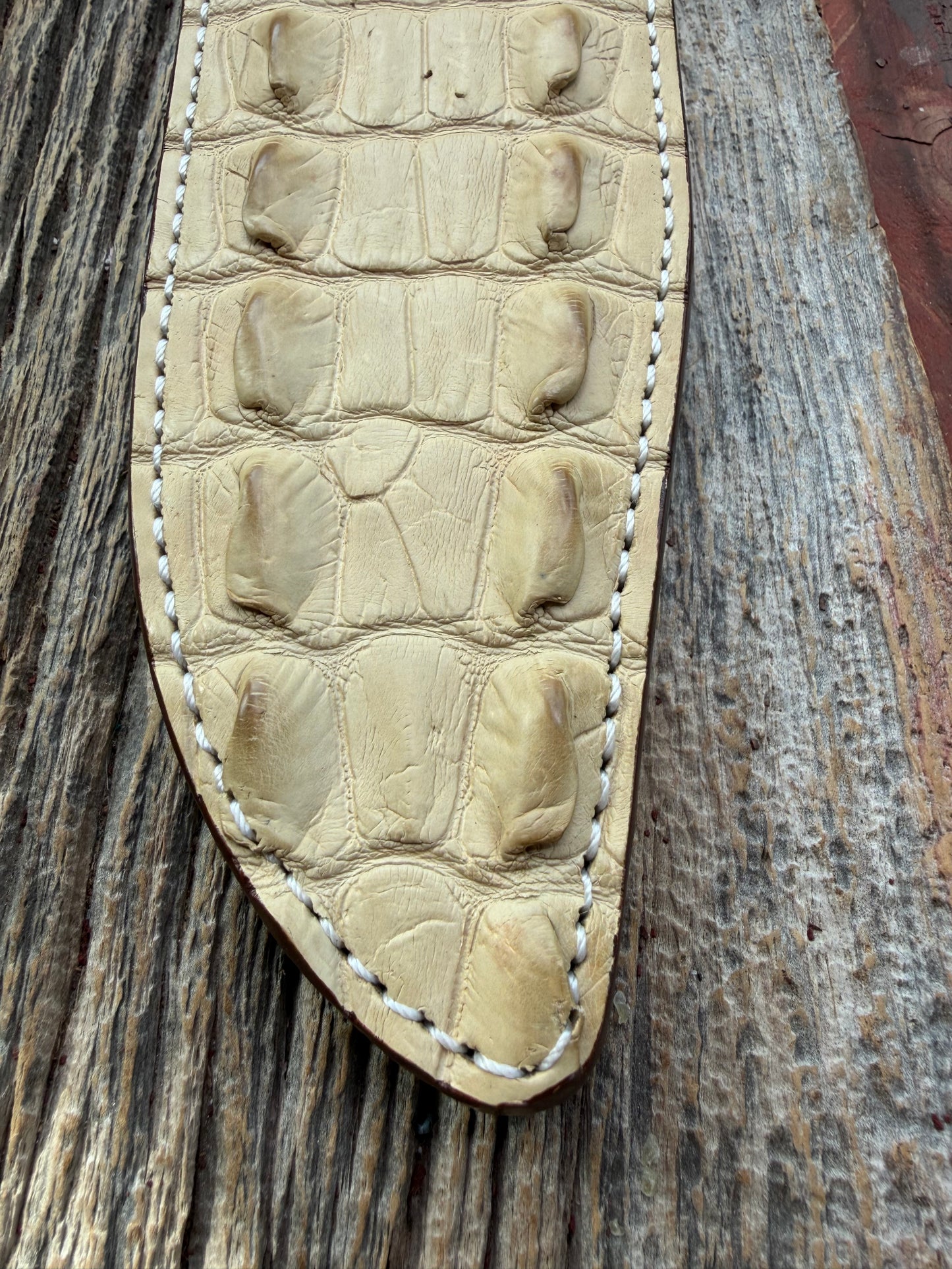 New Randall Model 12-9/14 Grind Sheath in Exotic Ivory Matte Crocodile (tail portion) from Treeman with a silver Canteen snap. Killer sheath.